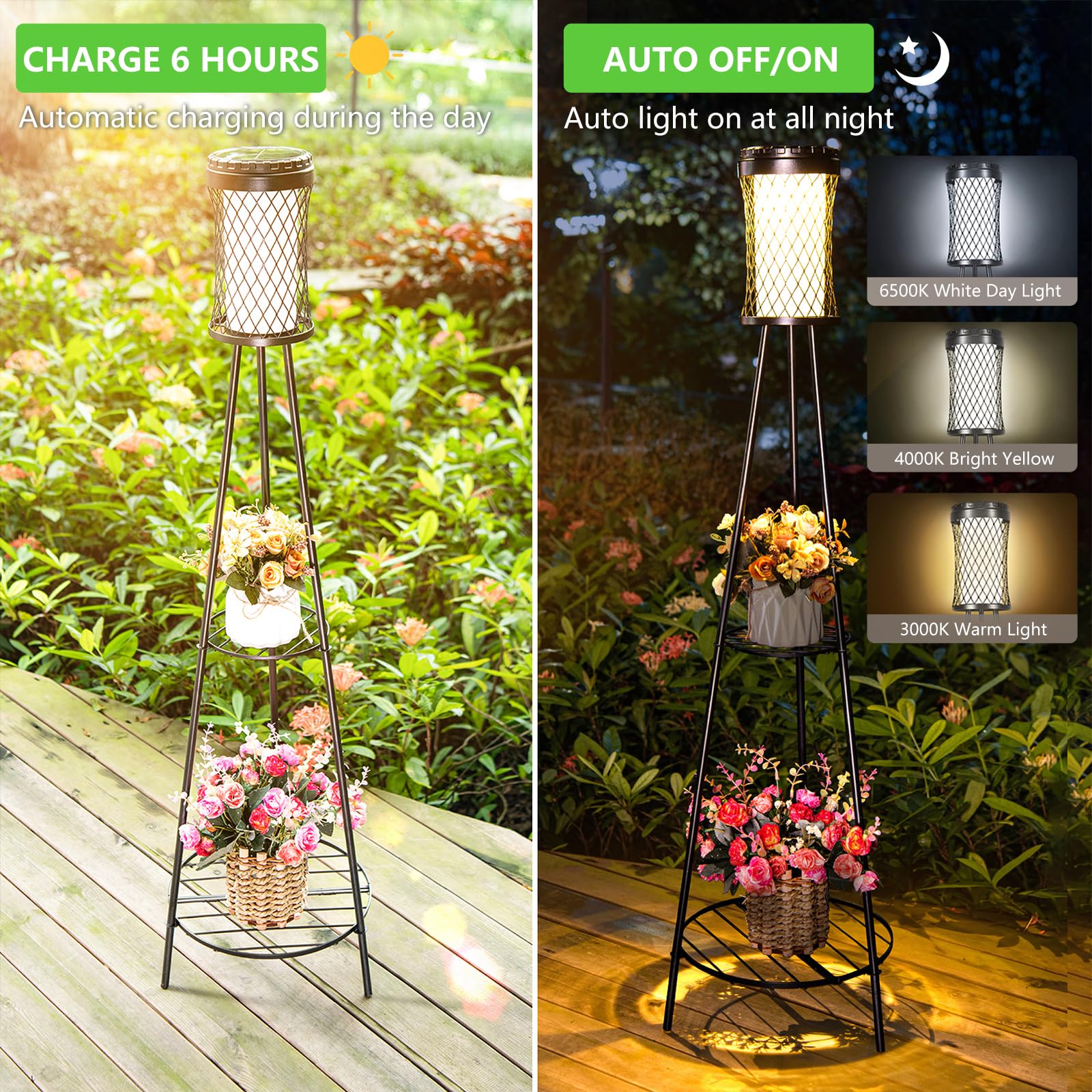 Satucol 1 Pack 45.4'' Outdoor Floor Lamp Ip65 Waterproof, Solar Lights Outdoor With 2 Plant Stand,Outdoor Patio Decor With Usb C