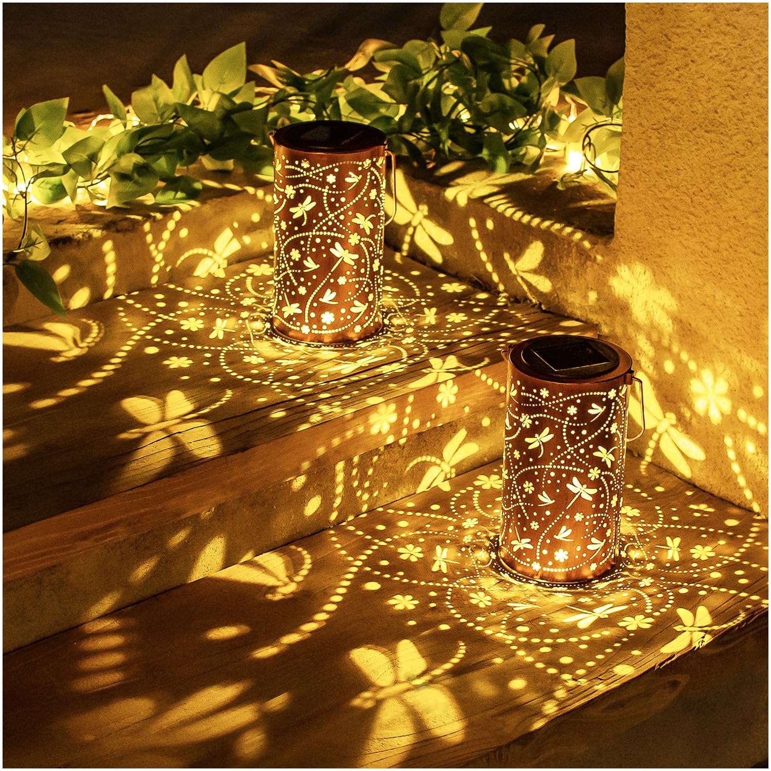 2 Pack Dragonfly Solar Lanterns Outdoor Waterproof Hanging Solar Lights Dragonfly Gifts for Women Men Metal Decorative LED Light