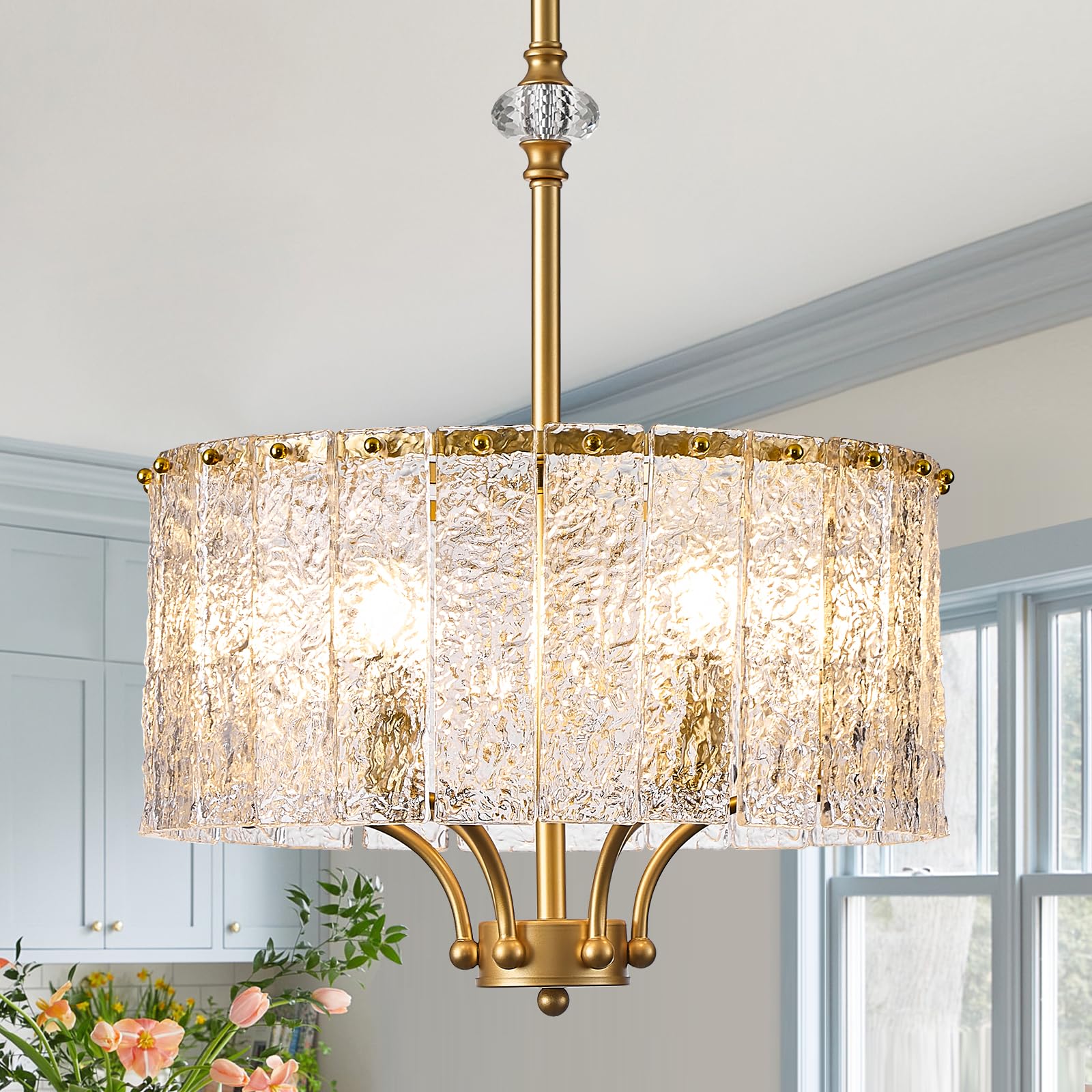 Fookchak Gold Round Chandelier 18In Glass Drum Chandelier Light Fixture 6-Light Hammered Crystal Ceiling Pendant Light For Kiche