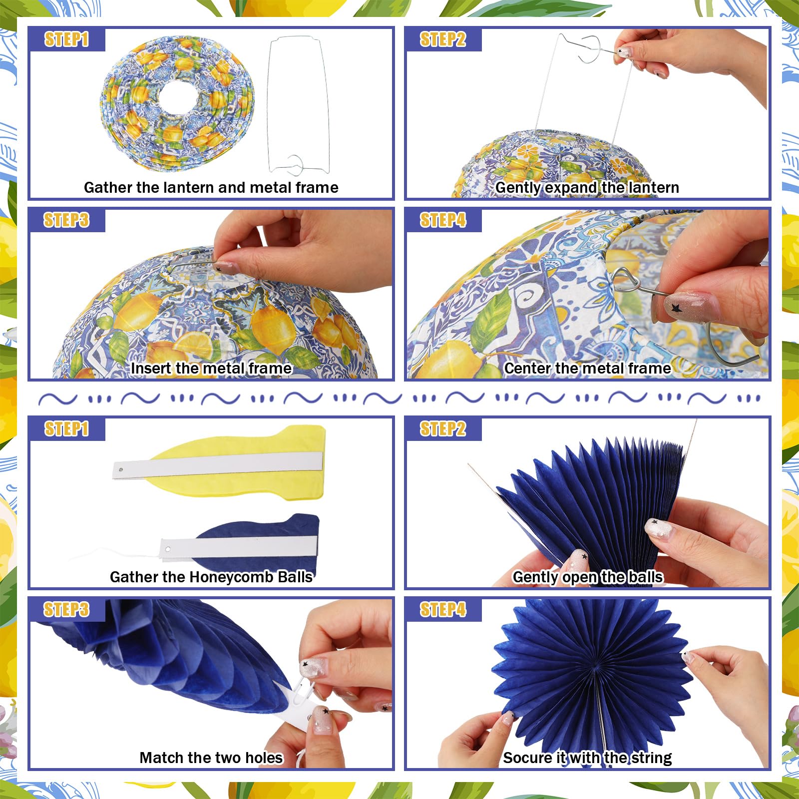 Jarthenaamcs 18 Pcs Capri Lemon Hanging Lantern Kit Paper Lantern With Blue Yellow White Honeycomb Ball Paper Fan Summer Mediter