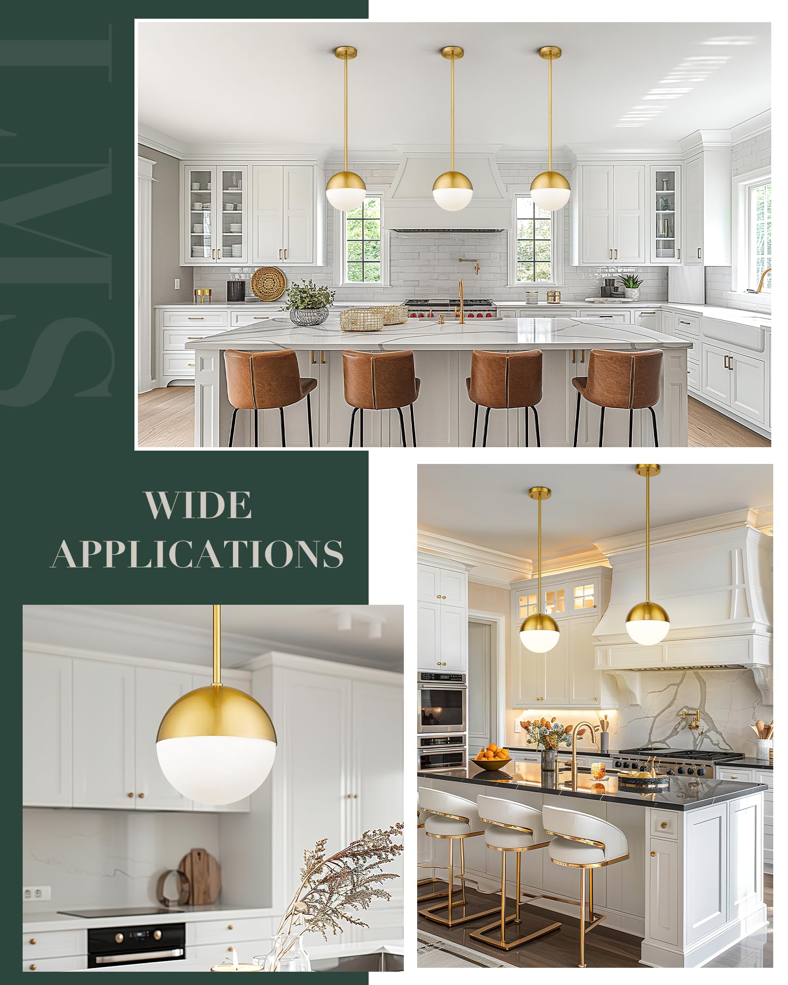 LMS Brushed Gold Pendant Lights 2-Pack, Adjustable Milky Globe Glass Shade, 8" for Kitchen Island & Dining Room