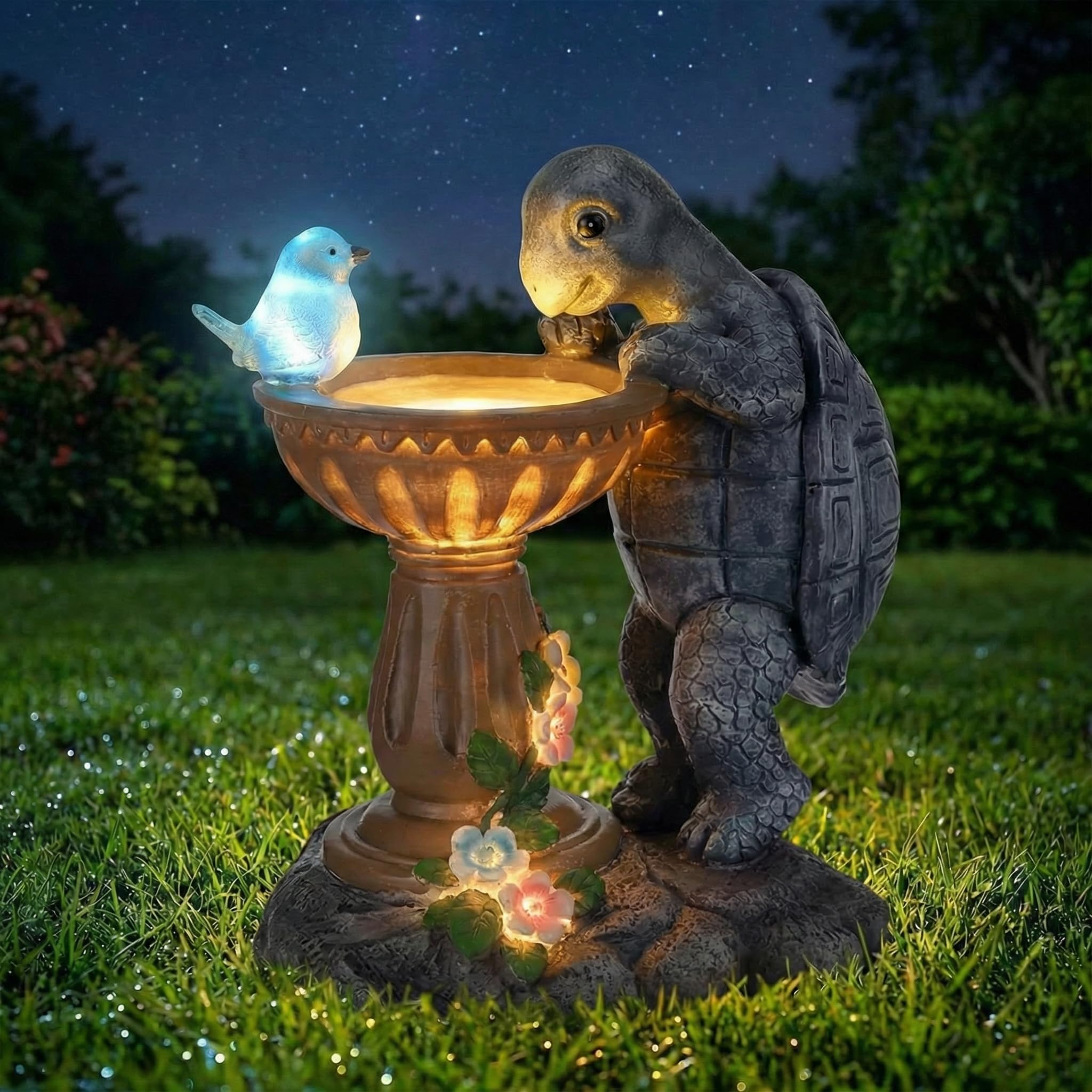 Maasechs Turtle Birdbath Outdoor Garden Decor 10.25 Inch Solar Bird Turtle Statues Ornaments with Succulent and Solar LED Lights