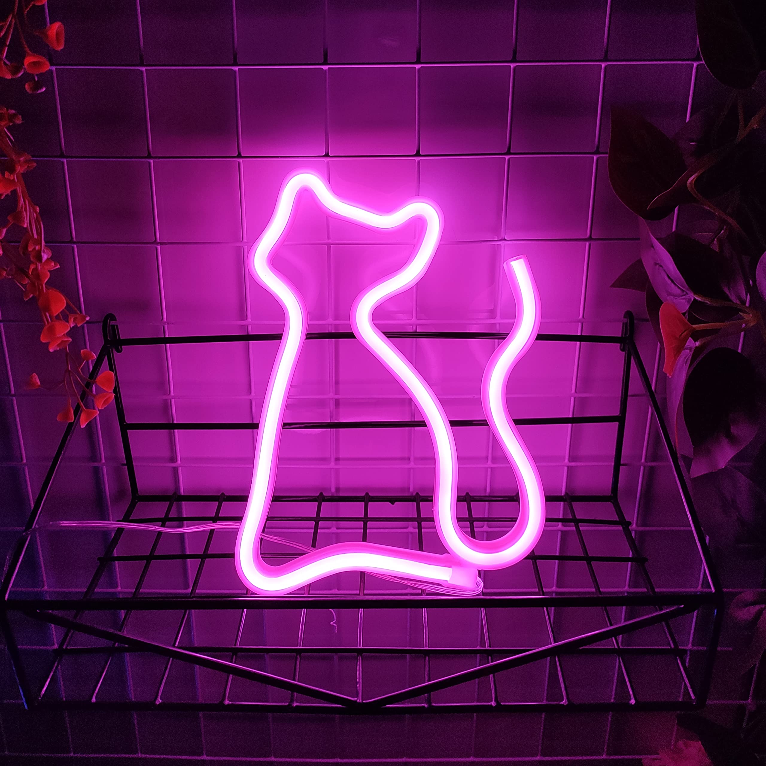 JYWJ Cat Neon Sign LED Light - USB/Battery Powered Table Decor, Pink, Model JJ-NEON-F1