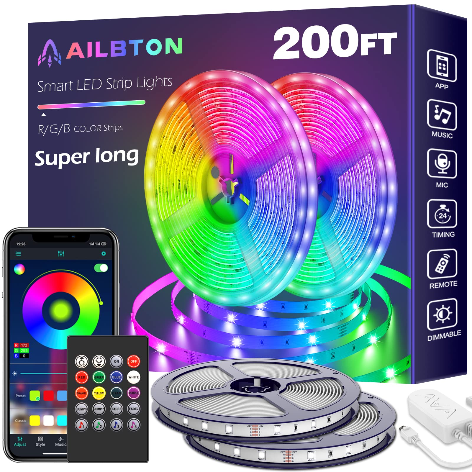AILBTON LED Strip Lights, 200ft (2x100ft), RGB Color Changing, App & Voice Control, Model DT2-60, Multicolor, Ideal for Home Decoration