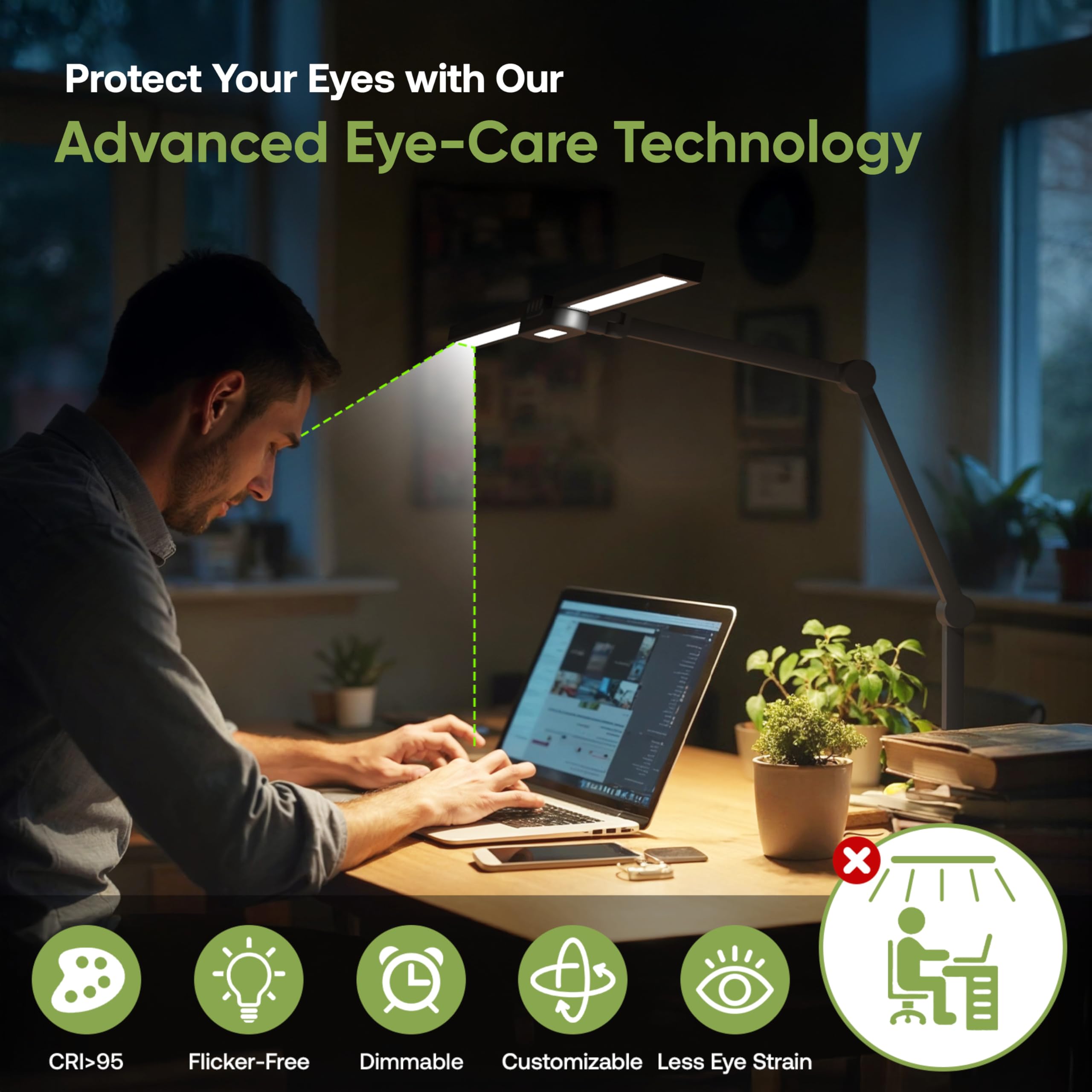 The Housery Led Desk Lamp - Modern Led Desk Lamp For Home Office W/Clamp, Architect-Style Adjustable Arms, Wide Monitor Light Ba