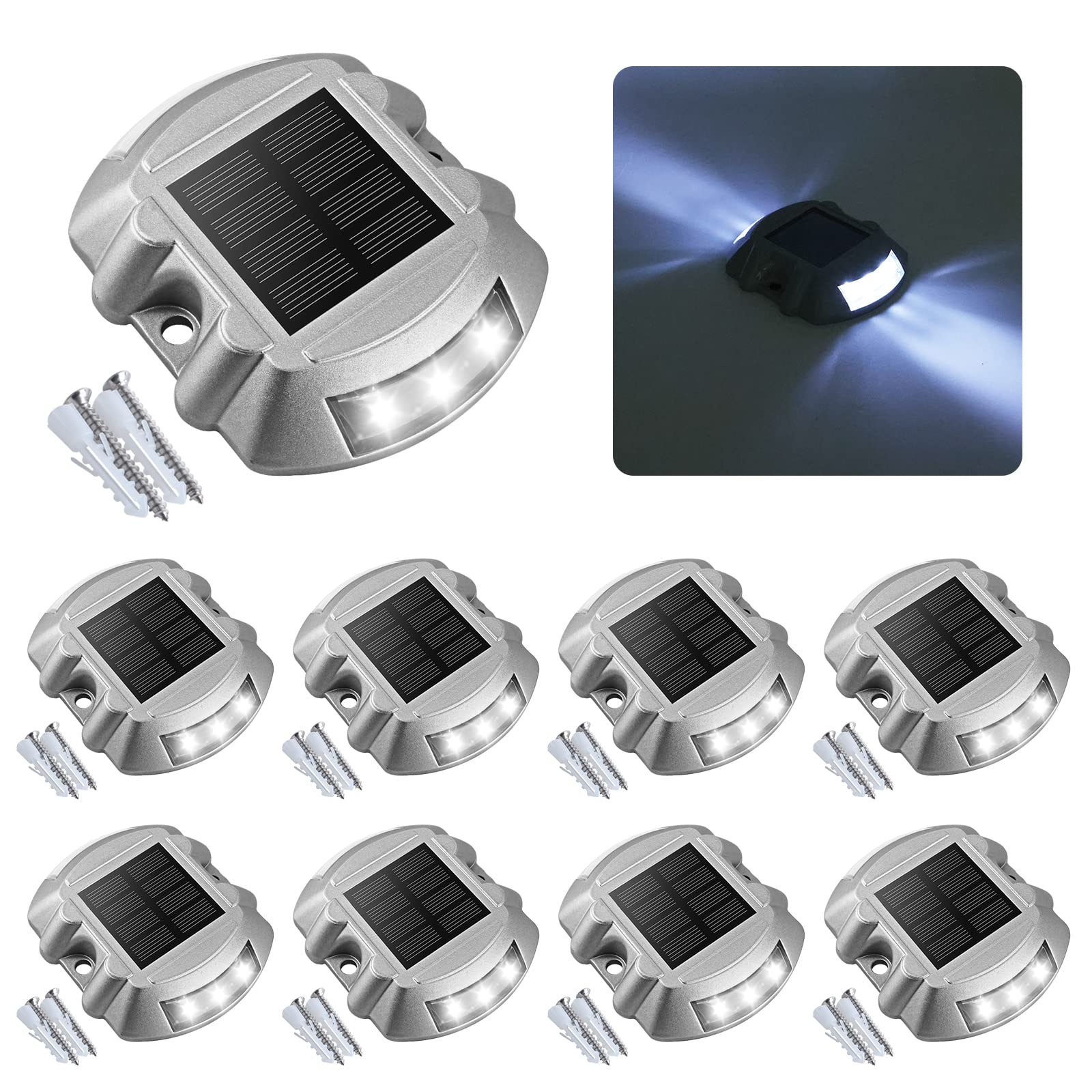 VOLISUN Solar Deck Lights Driveway Dock Lights, 8-Pack Led IP67 Waterproof Outdoor Warning Step Lights for Driveway Sidewalk Gar