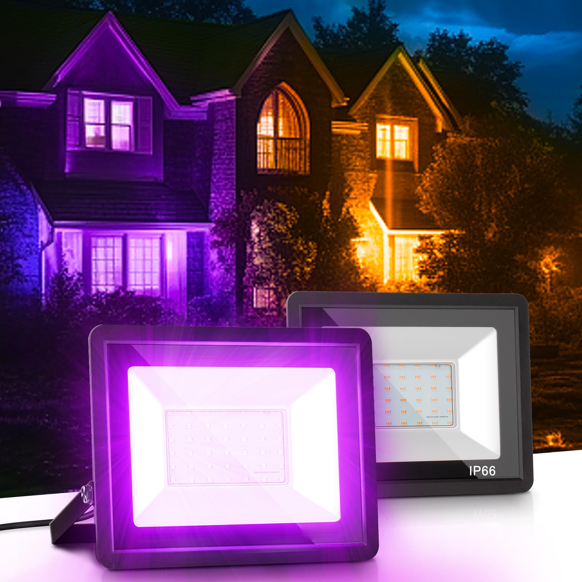 L LOHAS LED Purple Halloween Flood Light Outdoor, ???????? ????/?????? 50W Plug in Flood Light, IP66 Waterproof Halloween Decora