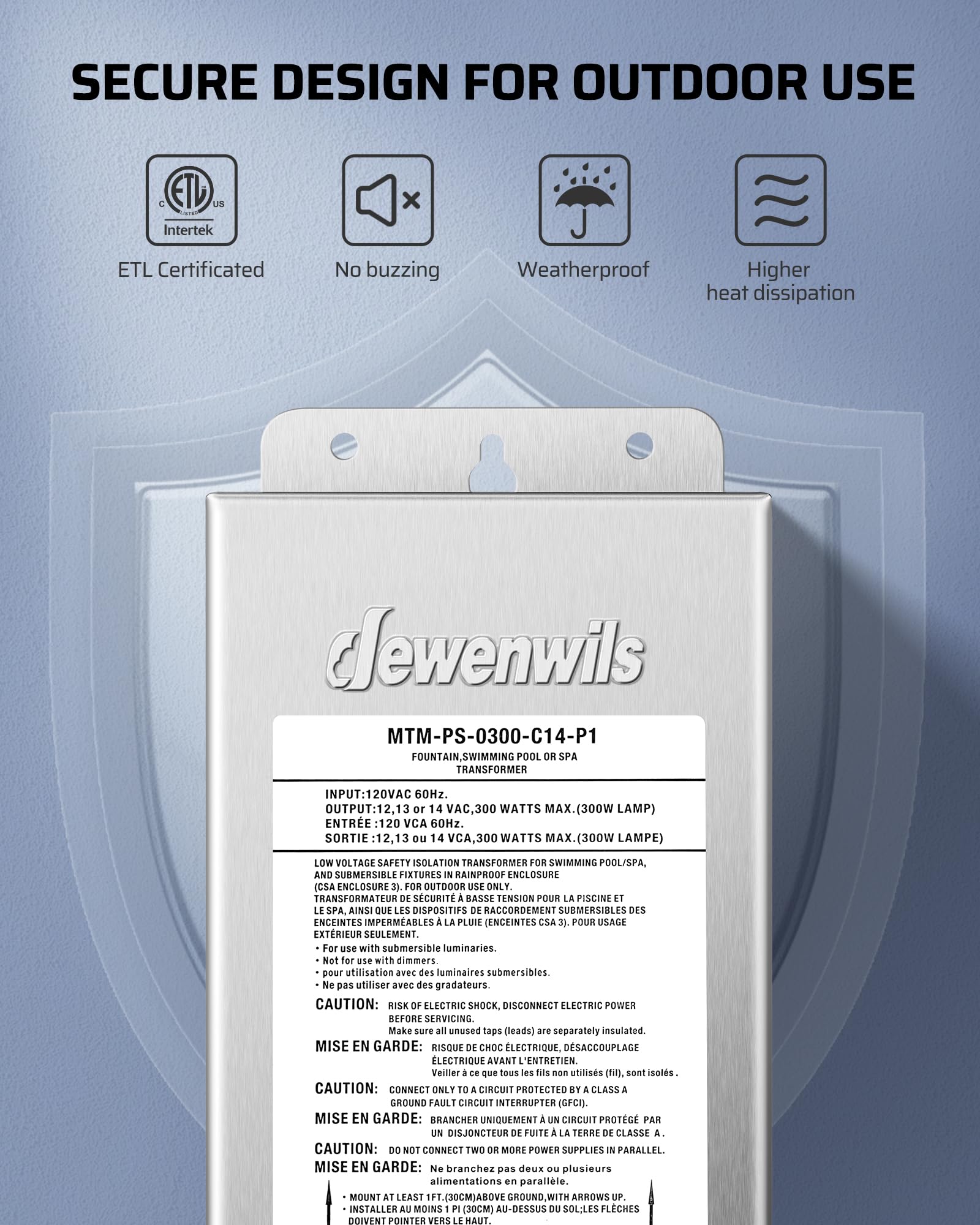 DEWENWILS Low Voltage Pool Light Transformer 300W, Multi-tap AC 12V/13V/14V, Stainless Steel, Model HSLT05P, Silver