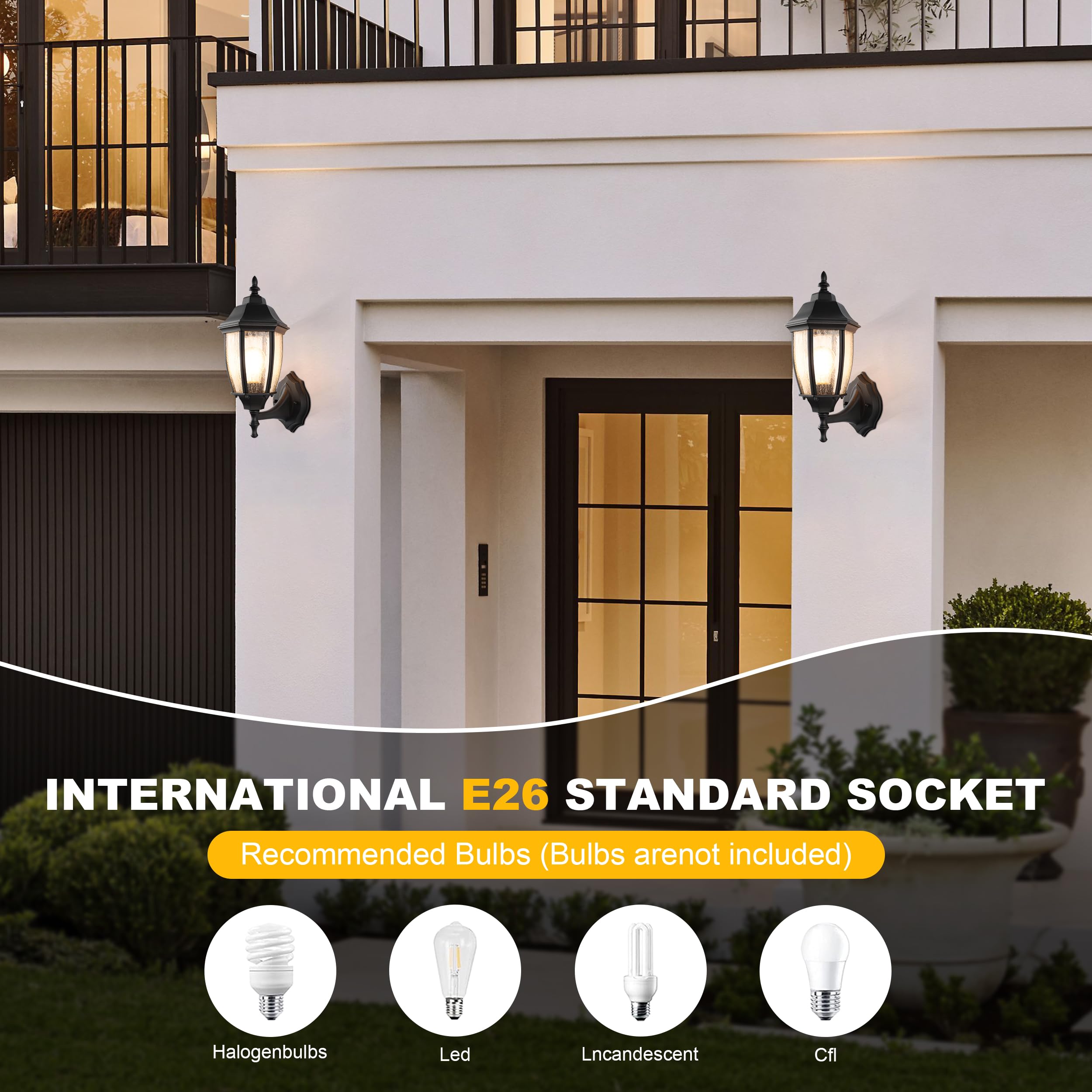 Lprzsg Outdoor Wall Lantern - 14&quot; Black Waterproof Porch Light With Seed Glass Shade