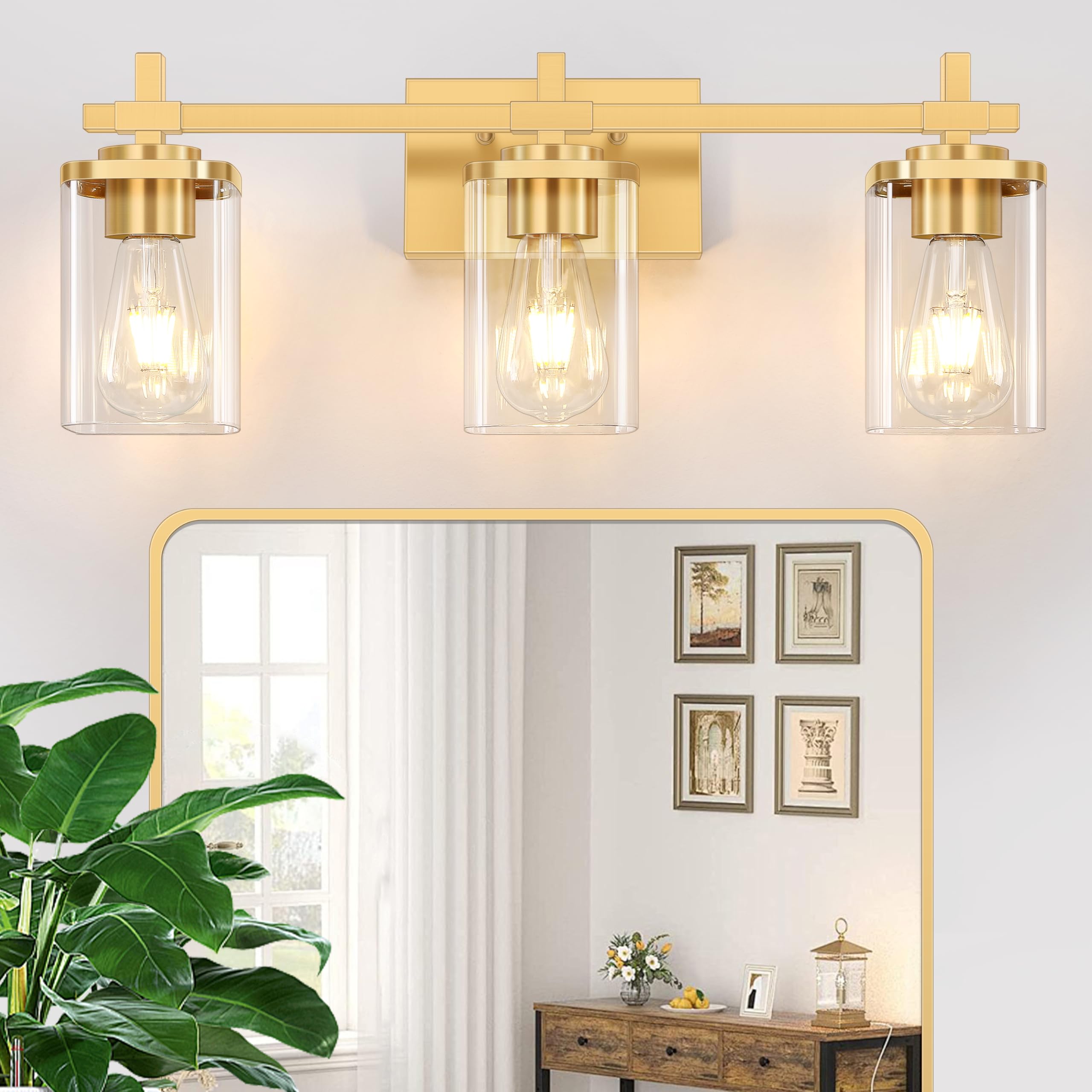 Spiglamm 3-Lights Bathroom Vanity Light Fixture, Brushed Gold Metal Wall Mount with Glass Shades, Model BG-Wall-3 Light