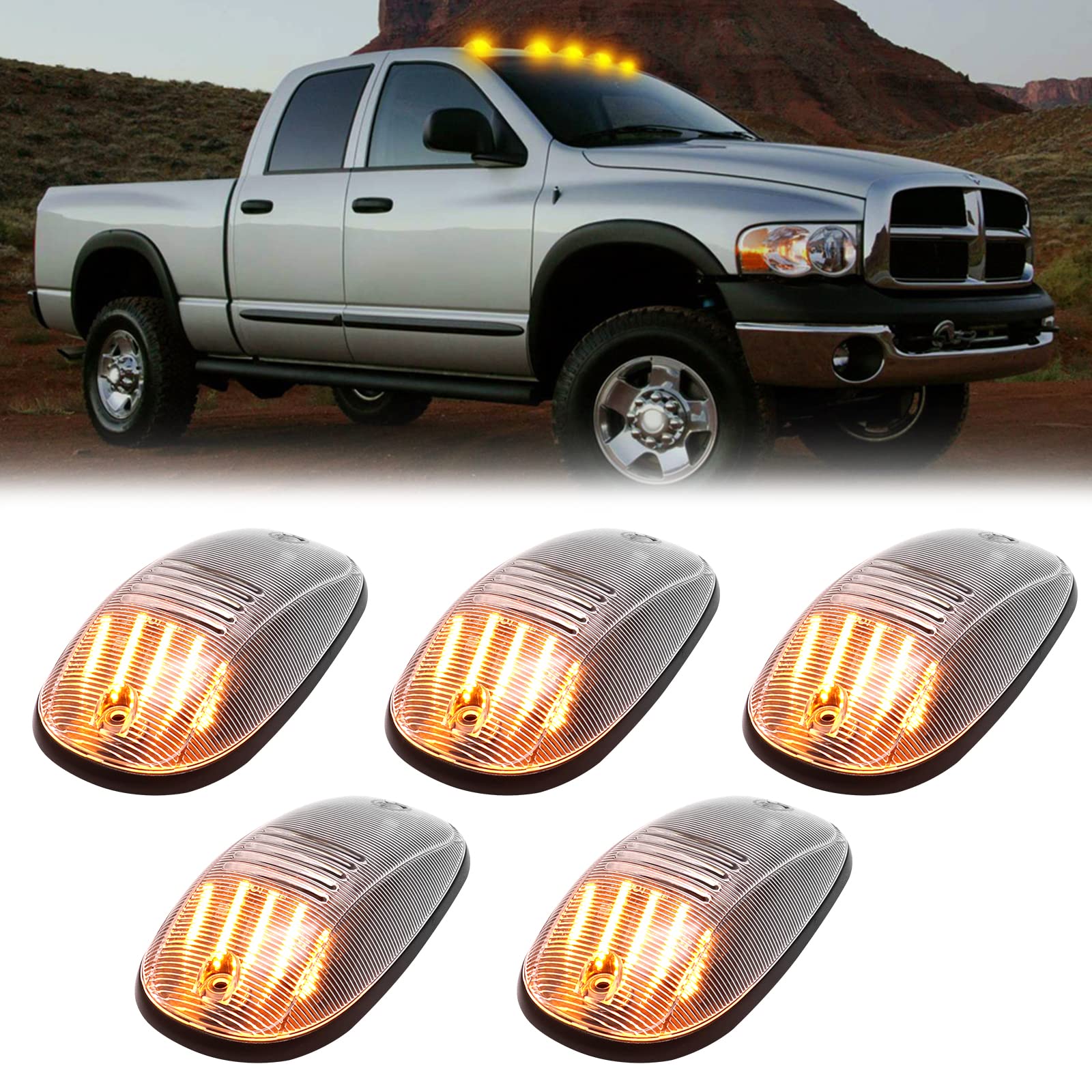 R&F Auto 5Pcs LED Cab Roof Marker Lights for Ram 1500 2500 3500 4500 5500 (2003-2018) Clear Lens Yellow Light