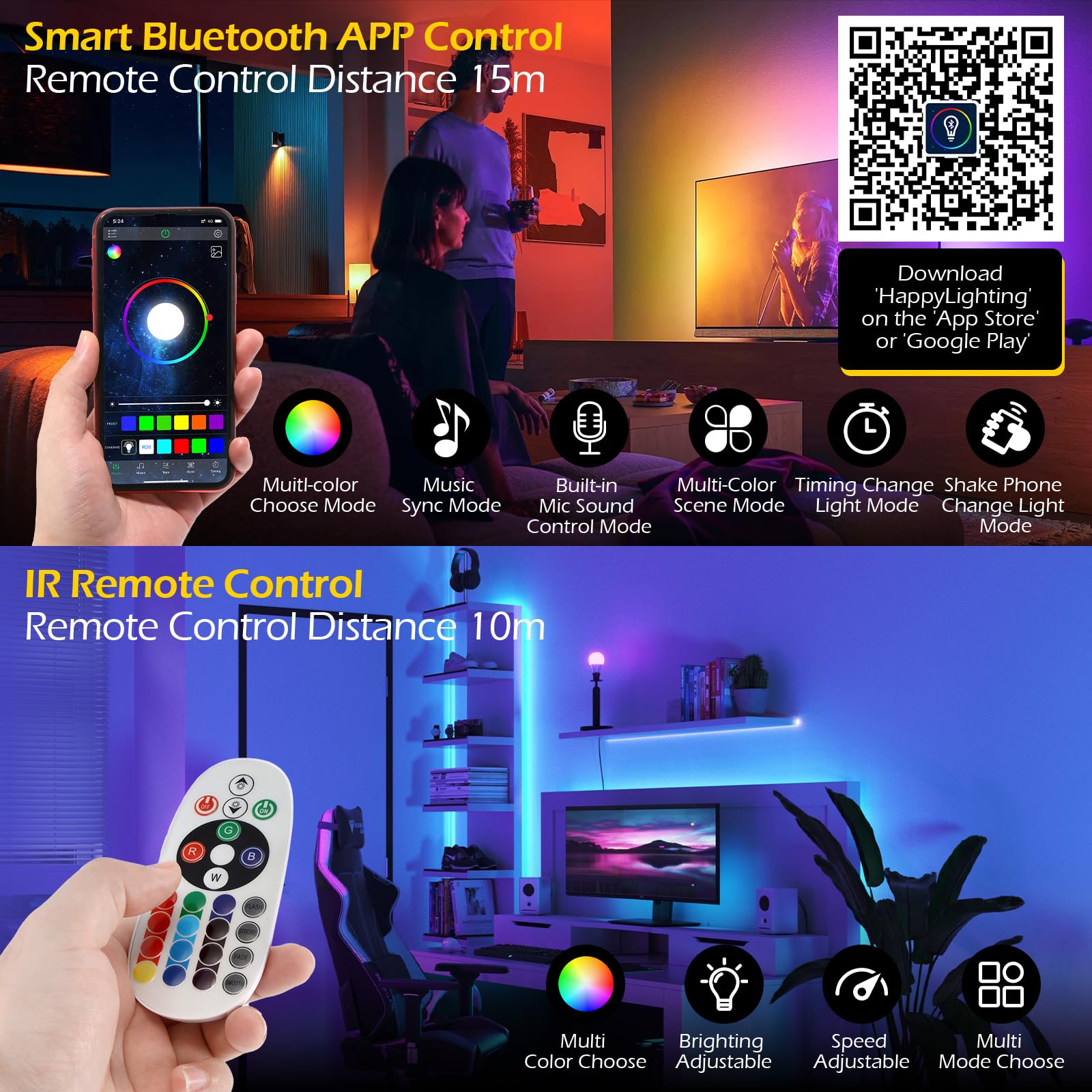 Dyna-Living 40Ft Rgb Led Lights With Bluetooth & Ir Remote, Waterproof, Music Sync - Multicolor
