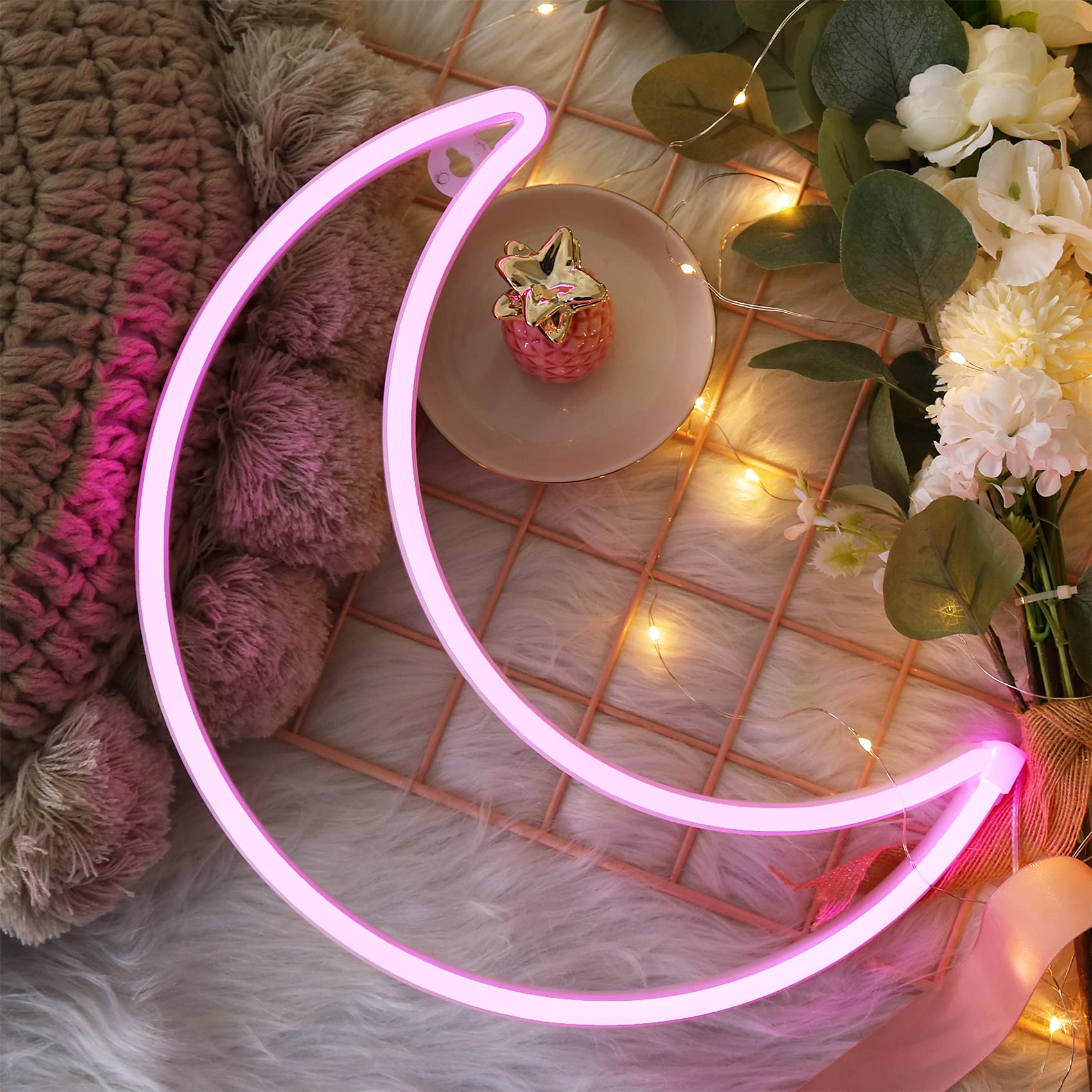 YAOZHOU LED Pink Moon Neon Light - USB/Battery Powered Decorative Light for Home, Bedroom, Office, Party - Cute Art Night Light