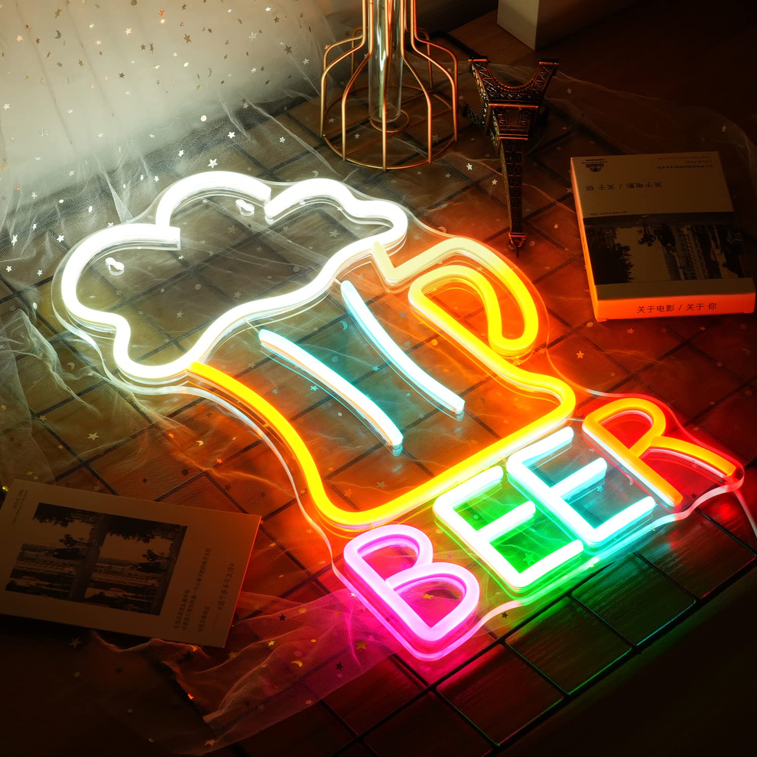 Beer Neon Sign Led Beer Signs Colorful Neon Lights For Wall Decor Usb Powered 16.5’’X10.1’’Man Cave Bar Club Birthday Party Decor Kitchen Restaurant Neon Wall Signs