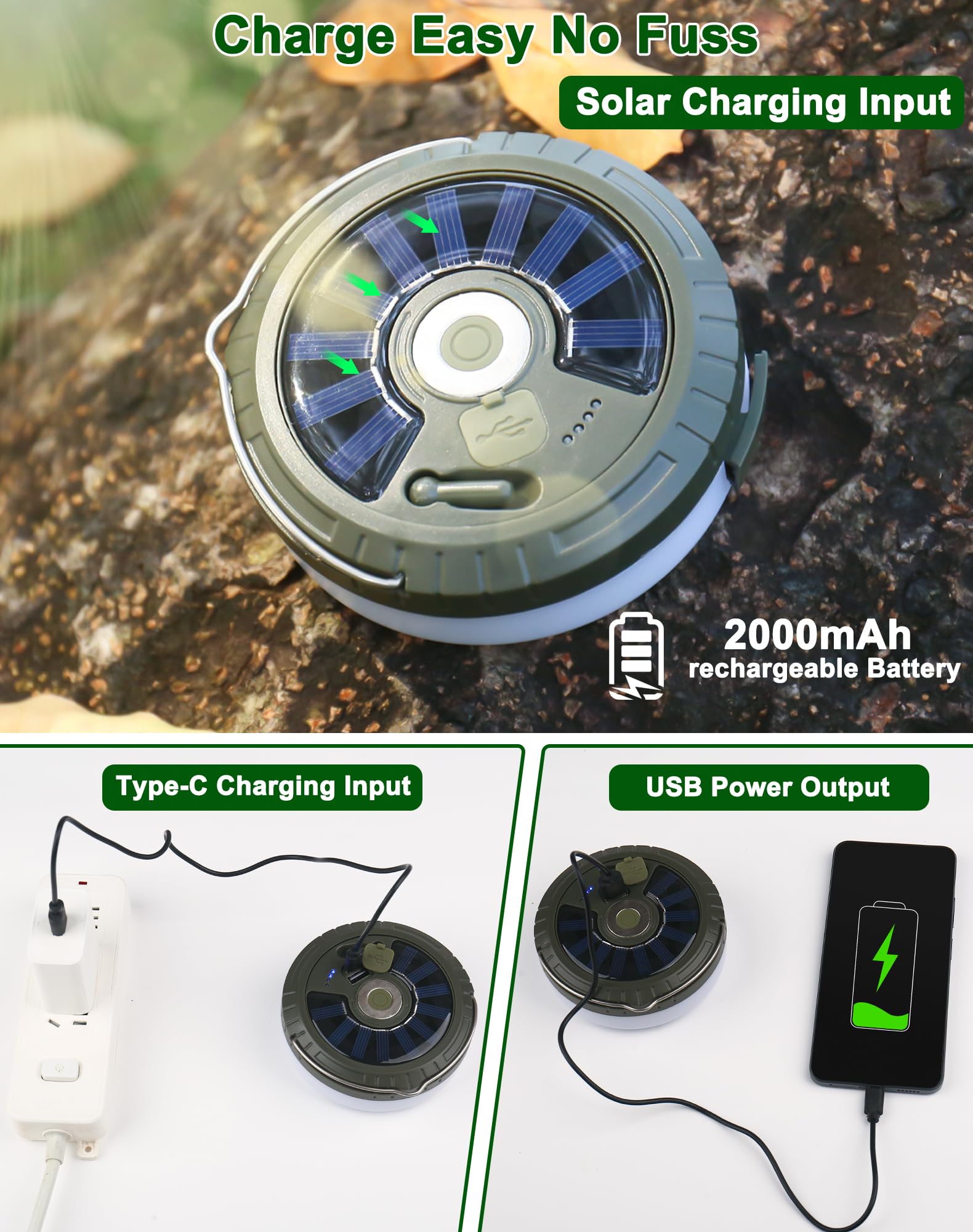 Toiysyy Solar String Lights, 32.8FT Waterproof Fairy Lights, 5 Modes, USB Rechargeable, Portable Green Tent Lights, Model MH-0518