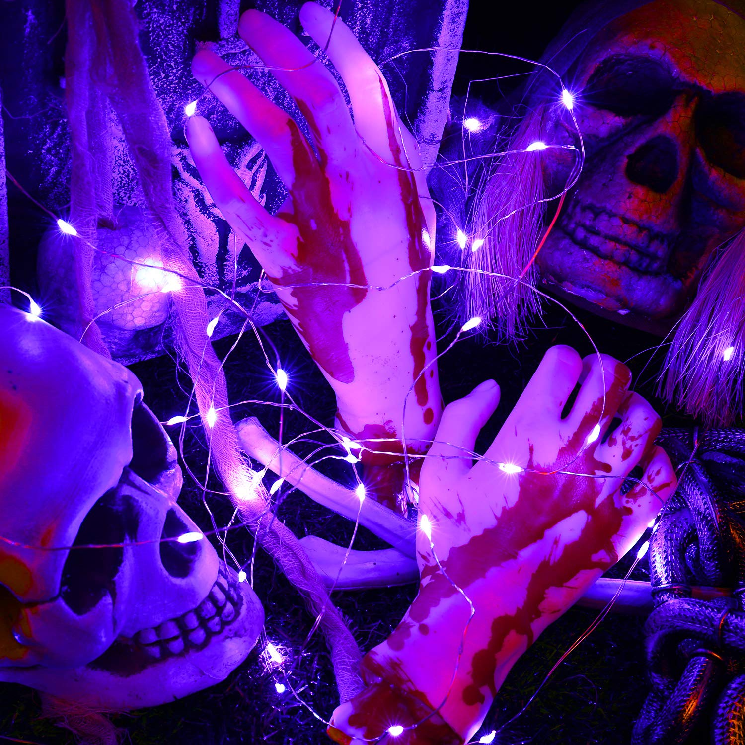 BrizLabs Purple Halloween Lights, 19.47ft 60 LED Battery Halloween Lights, 8 Modes Purple Fairy String Light with Remote, Waterp