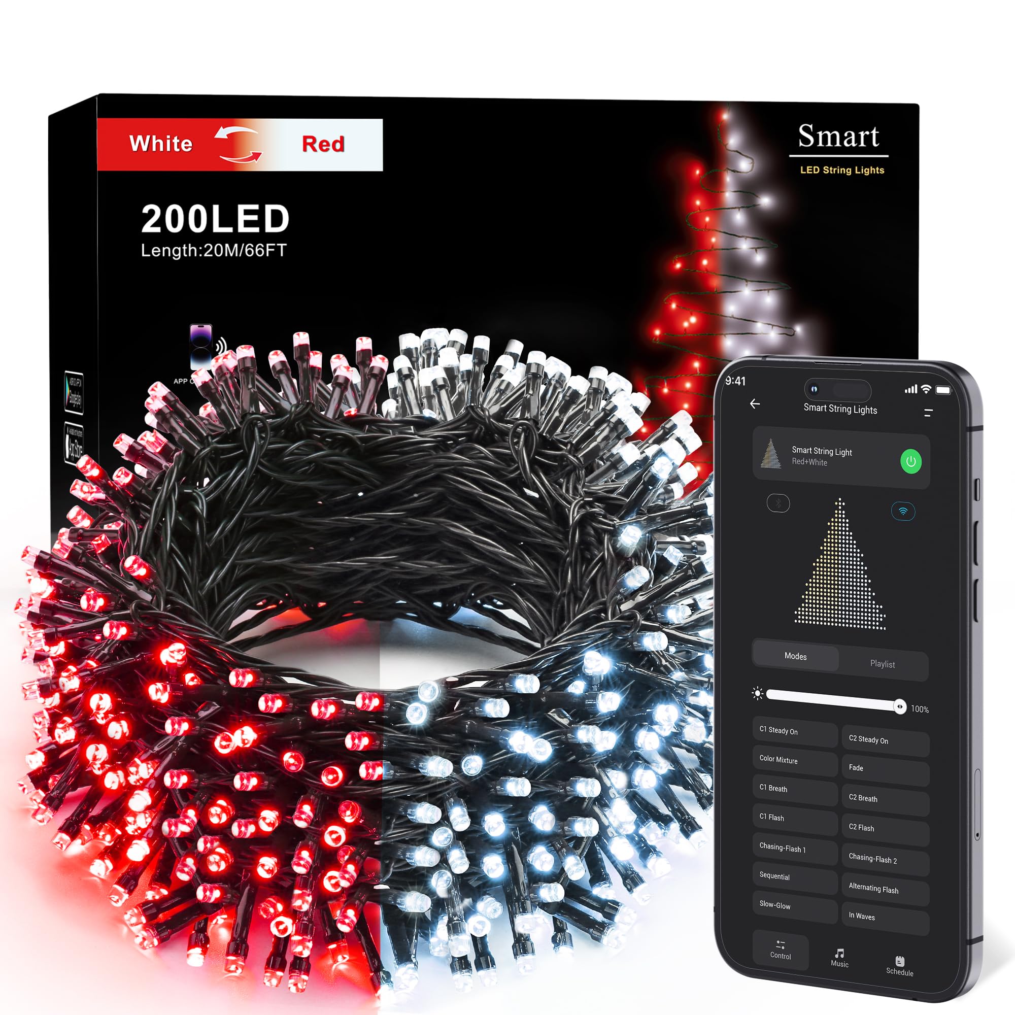 Brizled Smart Christmas Tree Lights, 200 LED Color Changing, WiFi Control, Dimmable, Red & White, Model SLCL002, 66FT