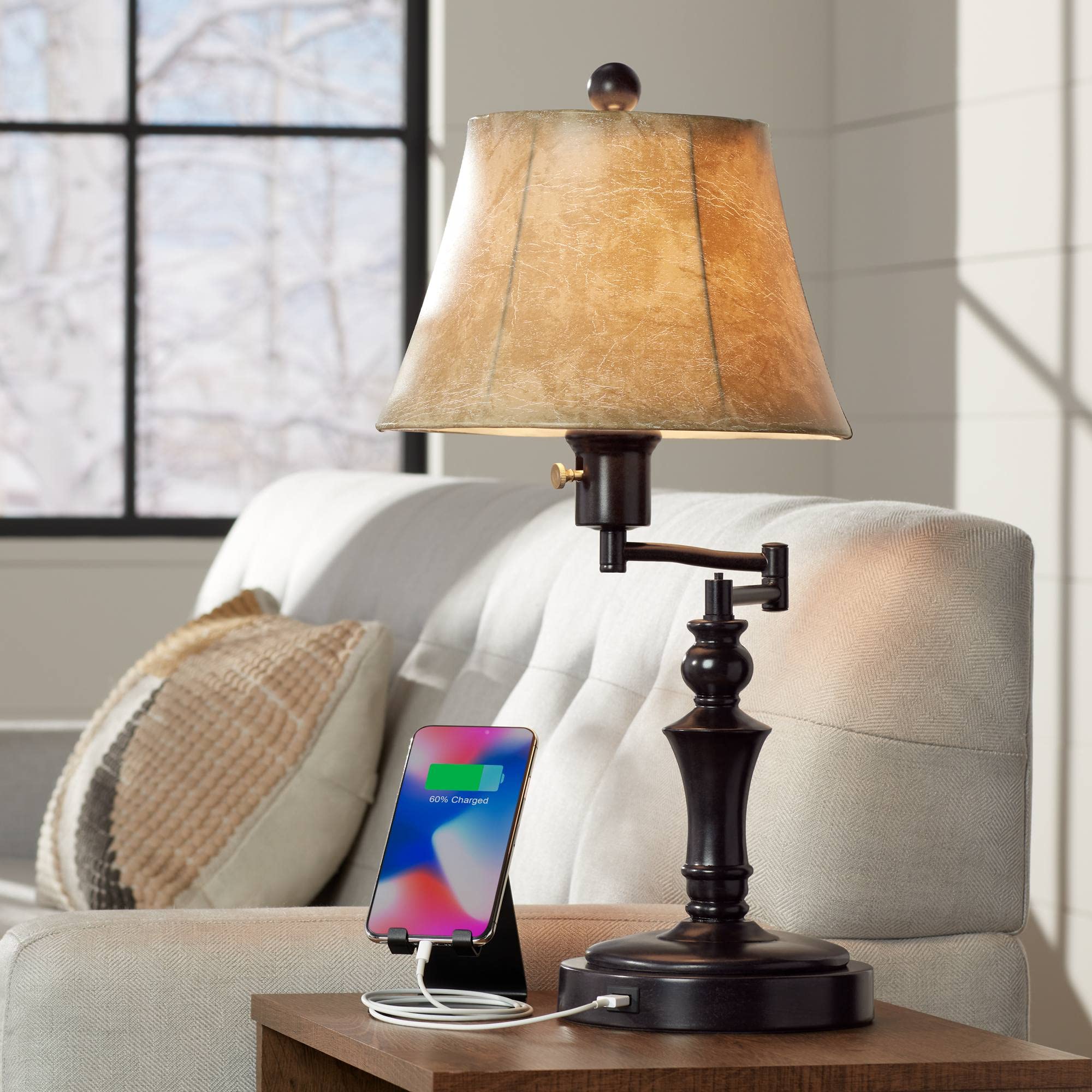 Regency Hill Corey 21.75 High Traditional Natural Cottage Swing Arm Hotel Style Desk Table Lamp with USB Ports A+C Charging Bron