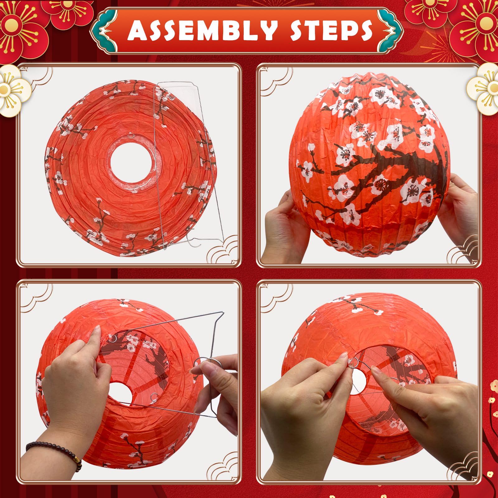 14Pcs Chinese Japanese Paper Lantern Assorted Sizes (8'' 10'' 12'') Hanging Plum Blossom Red White Gold Chinese Lanterns For Chi