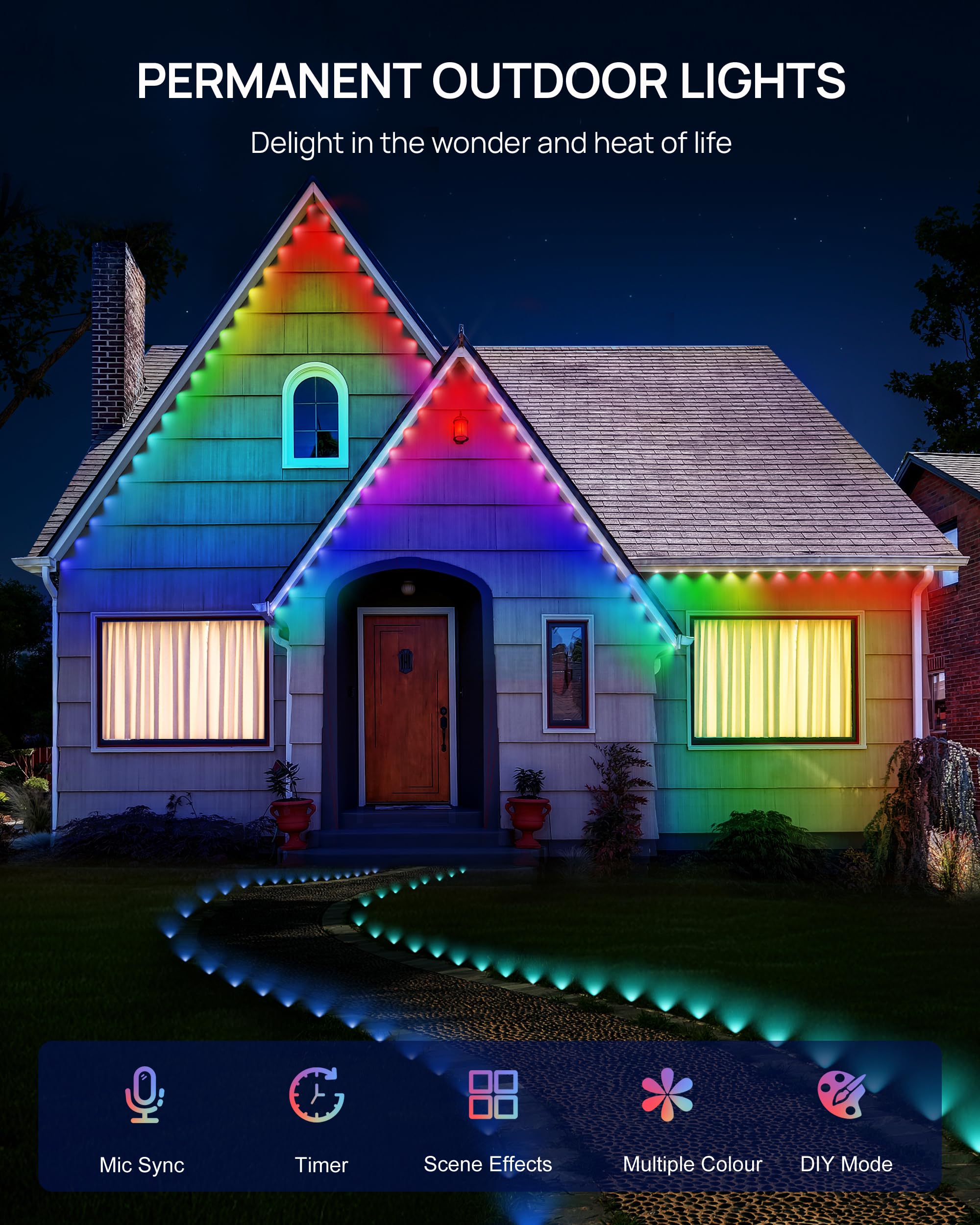 VCOKEN 111FT Smart RGB LED Outdoor Lights, IP65 Waterproof, App Control, White, Model AED36H-2401500VLSO8, Perfect for Holiday Decor