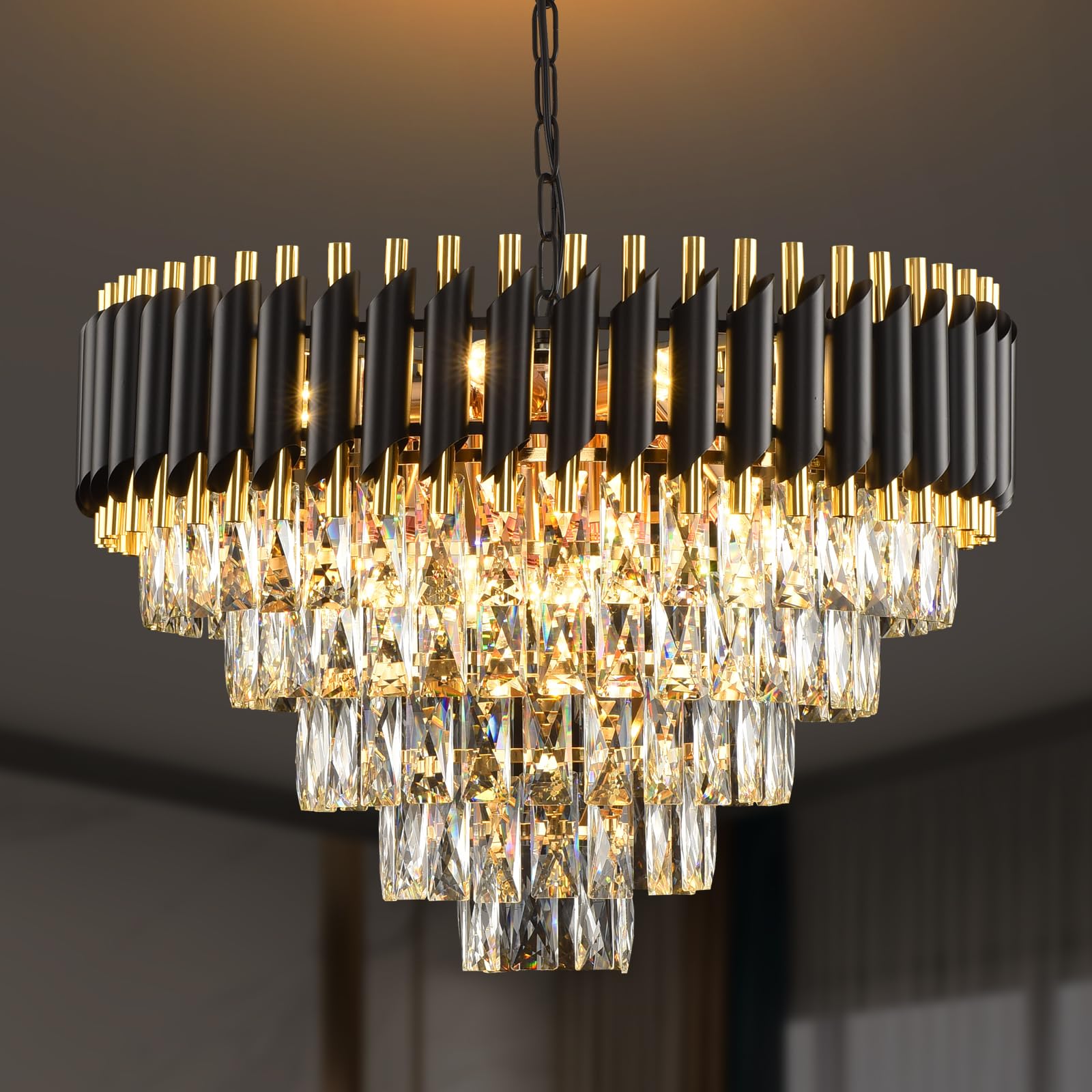 Gold Modern Crystal Chandelier 5-Tier Round Living Room Chandelier Light Fixture Black Large Crystal Chandeliers Pendant Ceiling