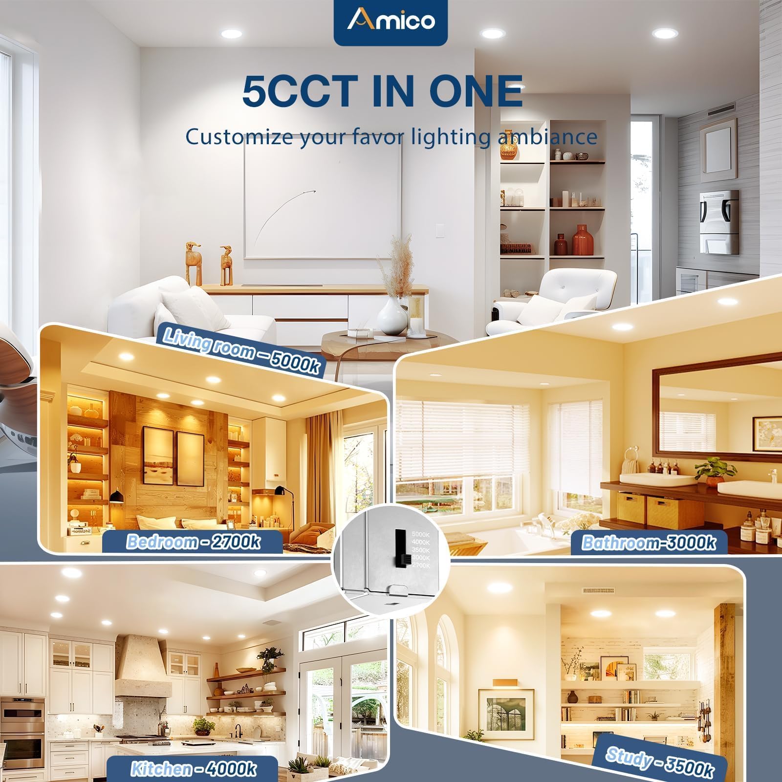 Amico 6 Pack 6 Inch 5Cct Ultra-Thin Led Recessed Ceiling Light, Cri90+ 2700K-5000K Selectable, 1100Lm 15W, High Brightness Dimma