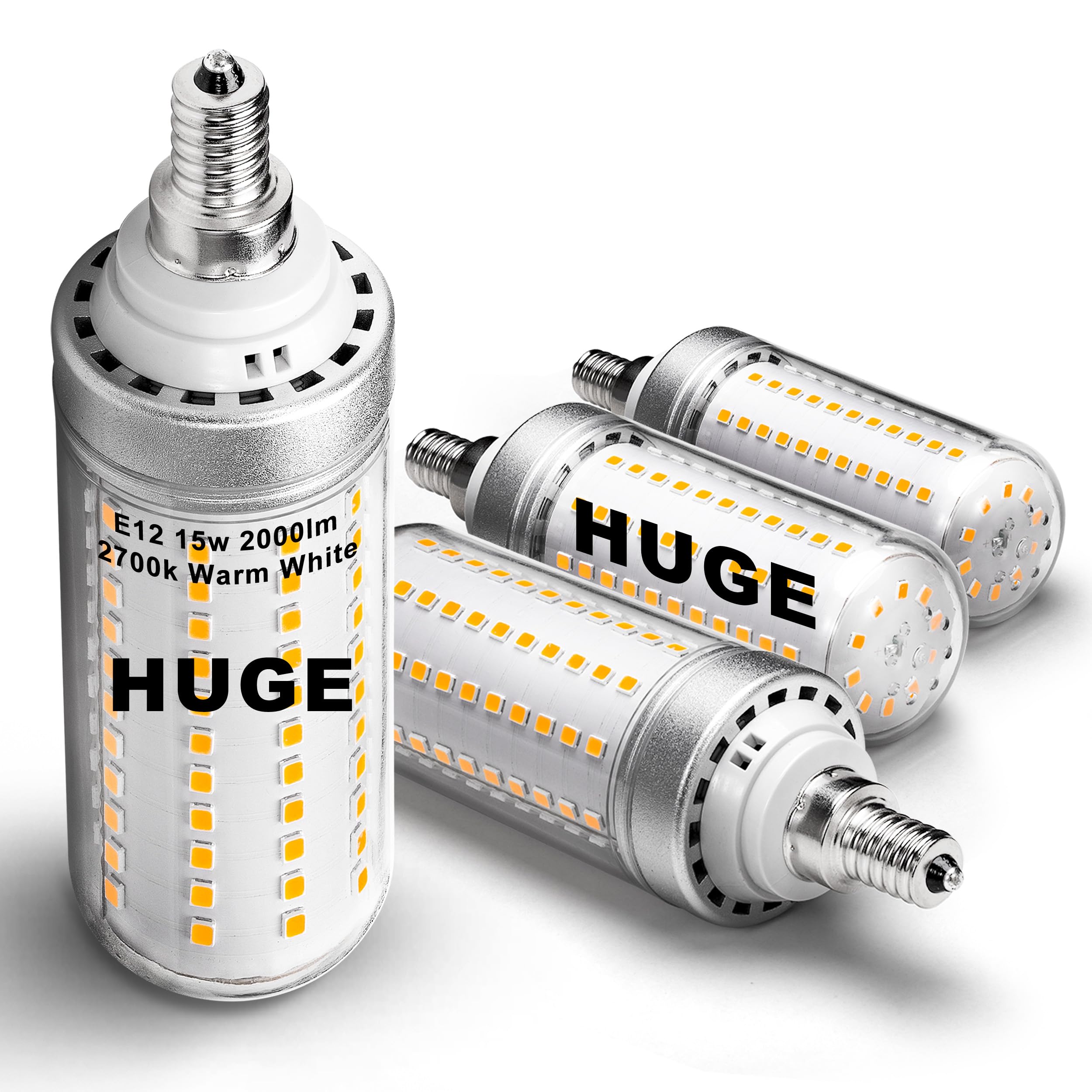Big Size 1.57X 5.03 Inch  E12 150W Led Candelabra Bulbs C7 Replacement 2700K Warm White 2000 Lumen T6 E12 15W Led Chandelier Light Bulbs For Ceiling Fan Pendant Lighting Floor Lamp Non-Dimmable 4 Pack