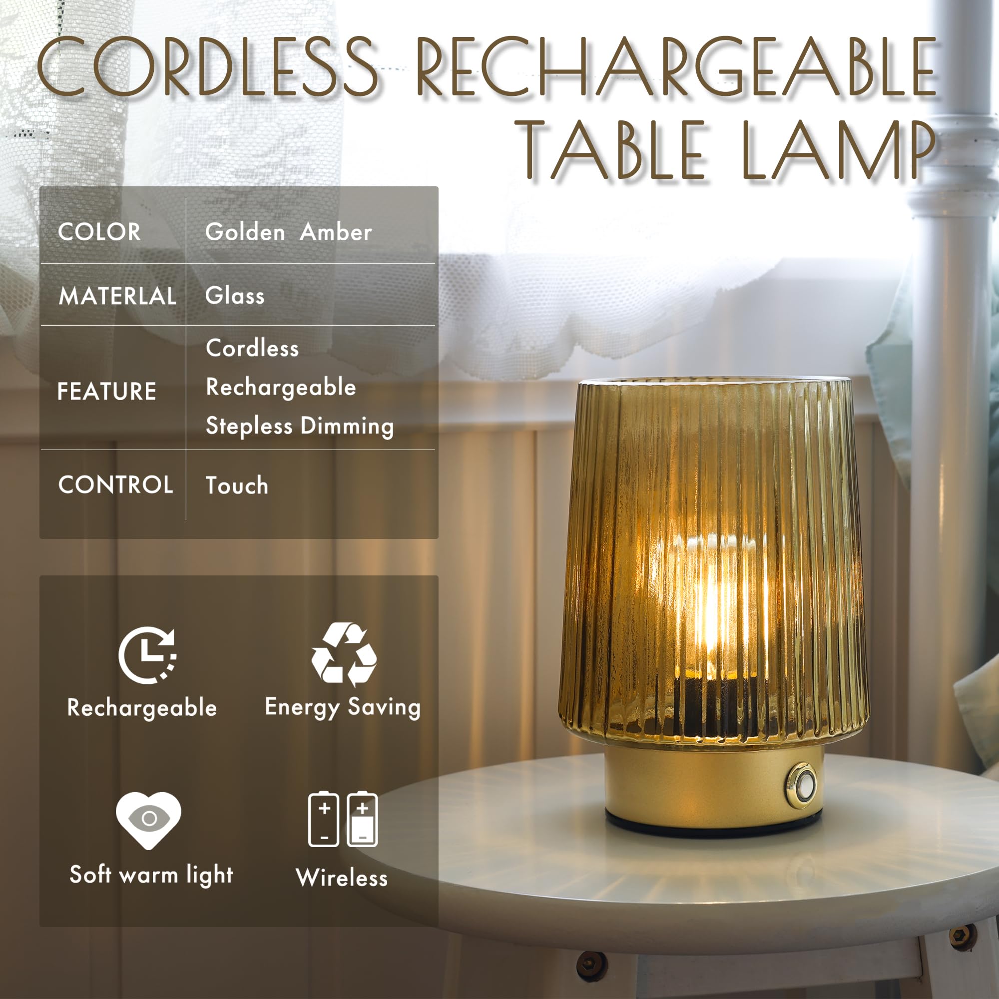 ULAROOM Cordless Rechargeable Table Lamp - Dimmable Touch Control, Portable Design, Yellow, Model a2f83490