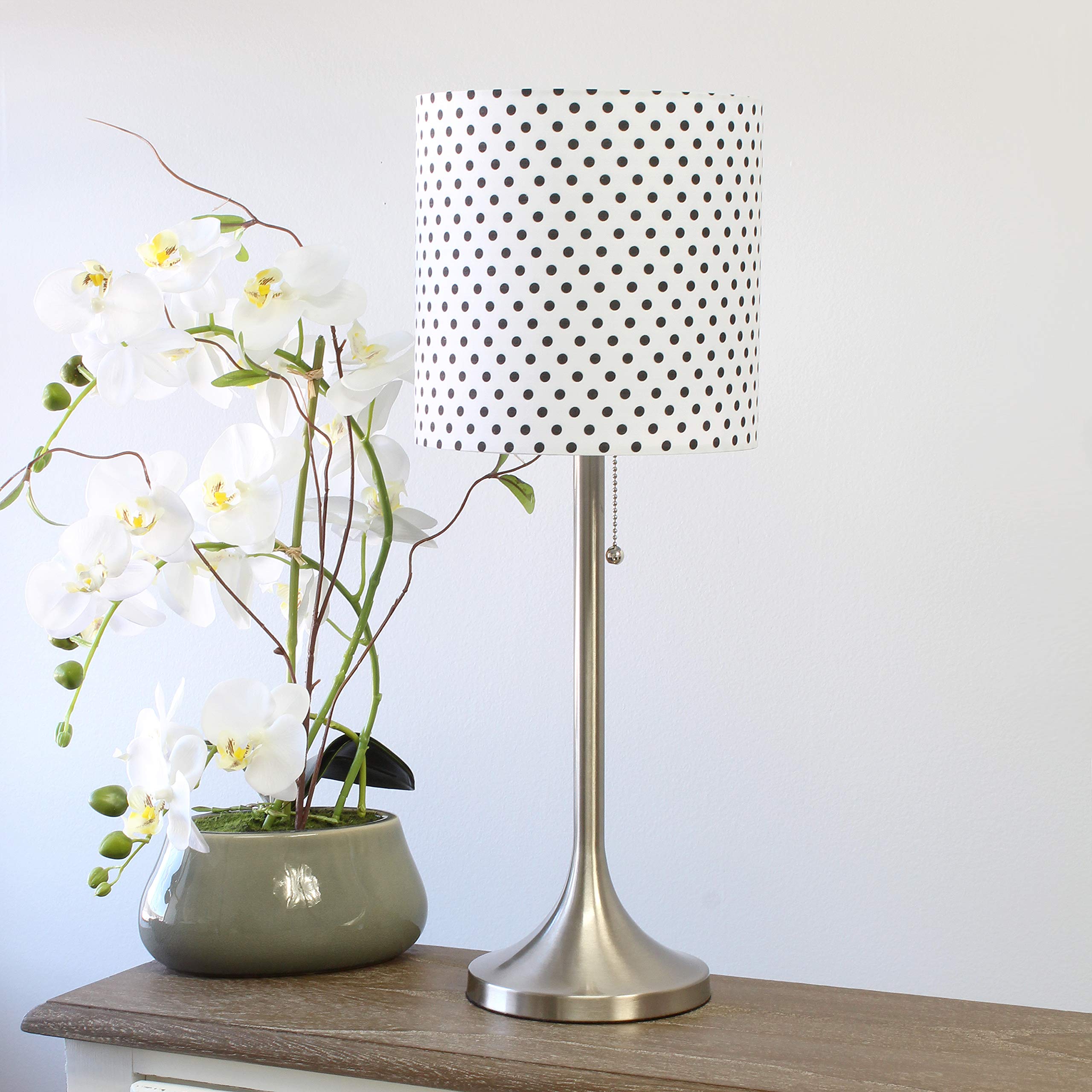 Simple Designs Lt1076-Bnd Tapered Fabric Drum Shade Table Lamp, Brushed Nickel And Polka Dot