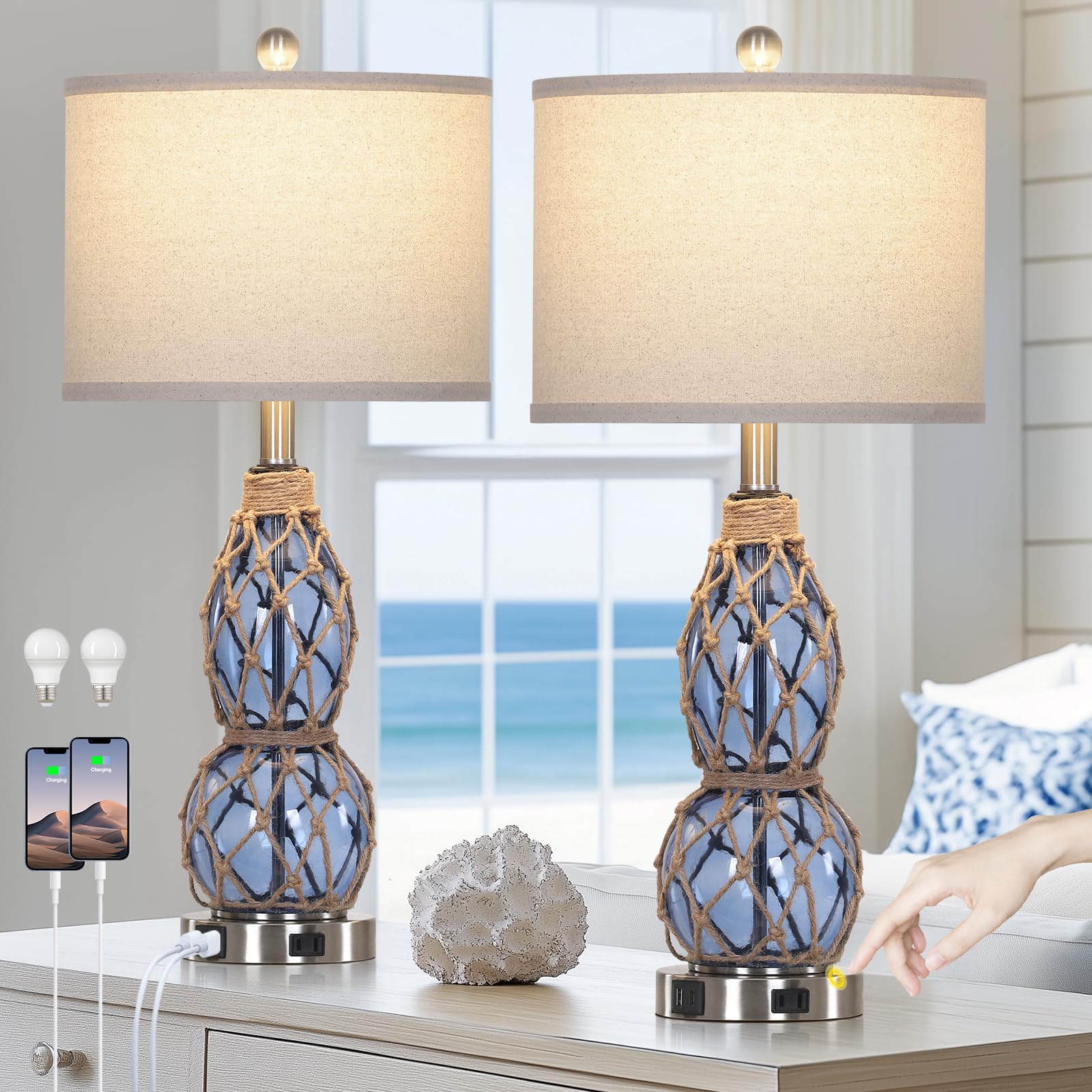 Rinweey 26 Coastal Glass Table Lamps Set of 2  3-Way Dimmable Touch Lamps with USB Ports and AC Outlet  Nautical Bedside Lamps for Bedroom Living Room
