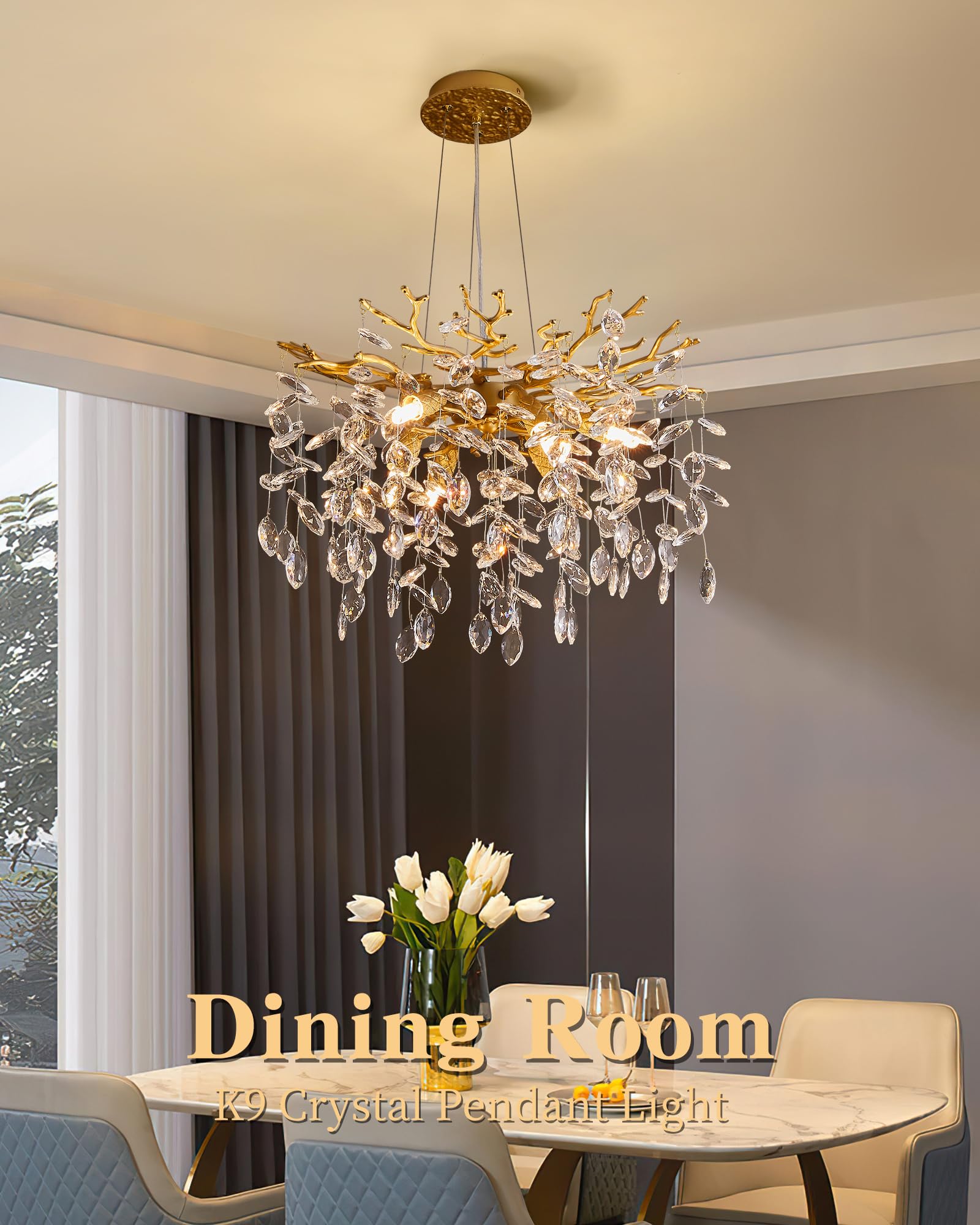 Witkey Modern 6-Light Crystal Chandelier, 18" Gold Pendant Lighting for Dining Room, Kitchen, Bedroom, Living Room, Model CHL-2301-D460
