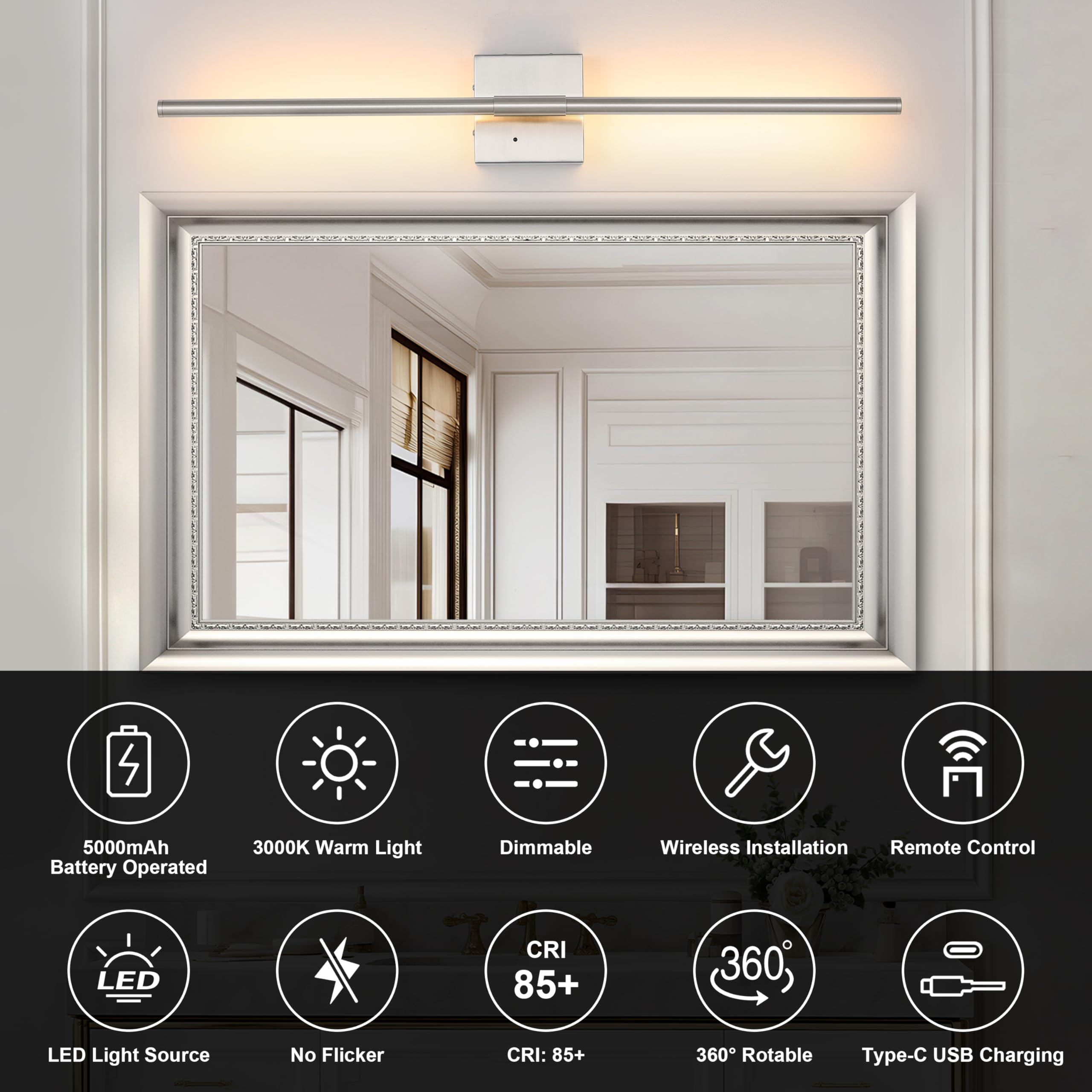 Morauroral Wall Sconce - Dimmable LED, 30 Inch, Sand-Nickel, Rechargeable with Remote, Model 7812