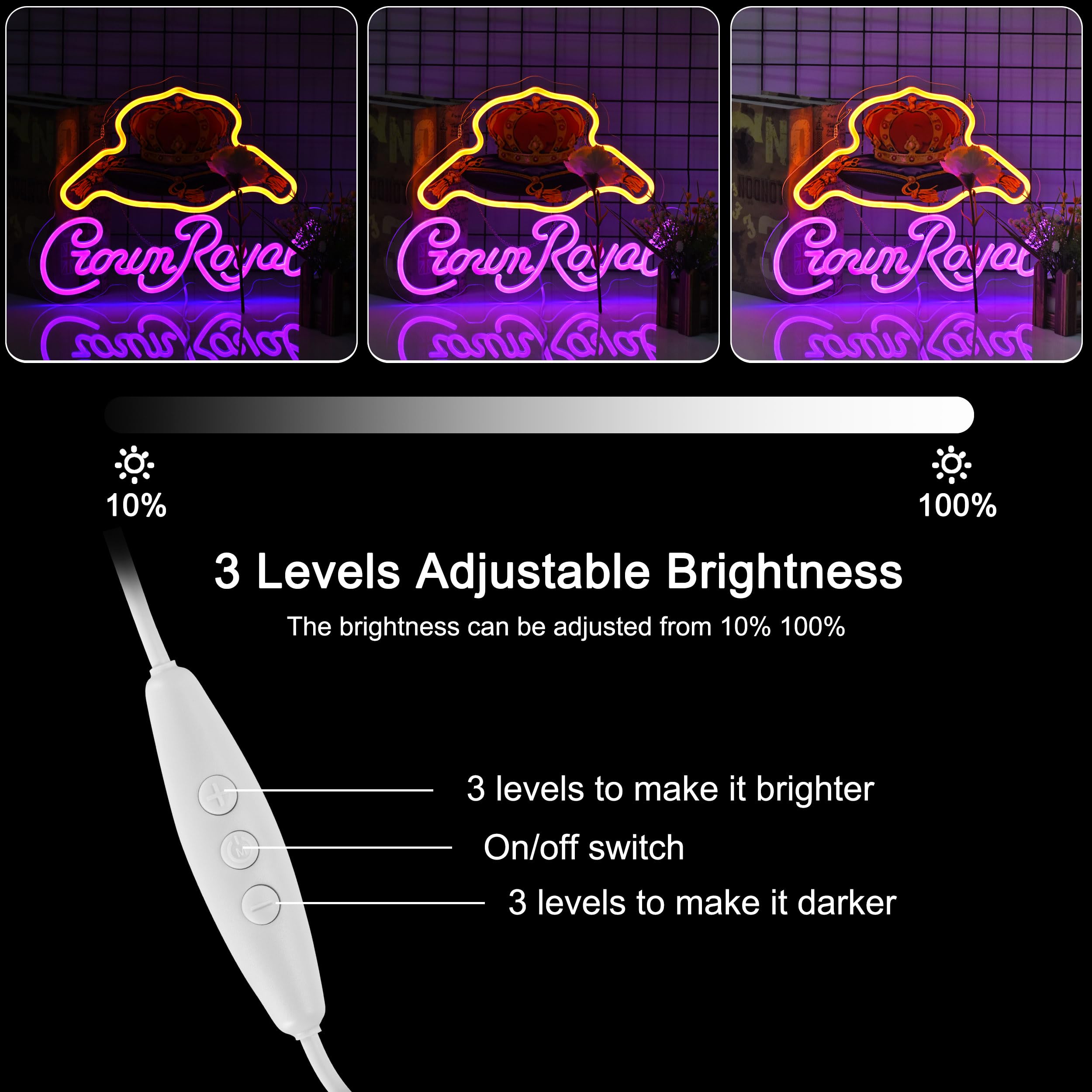 Yooyneon LED Neon Sign Crown Art Wall Décor Light, 17x13 inches, Yellow+Purple, Dimmer for Home Bar and Man Cave