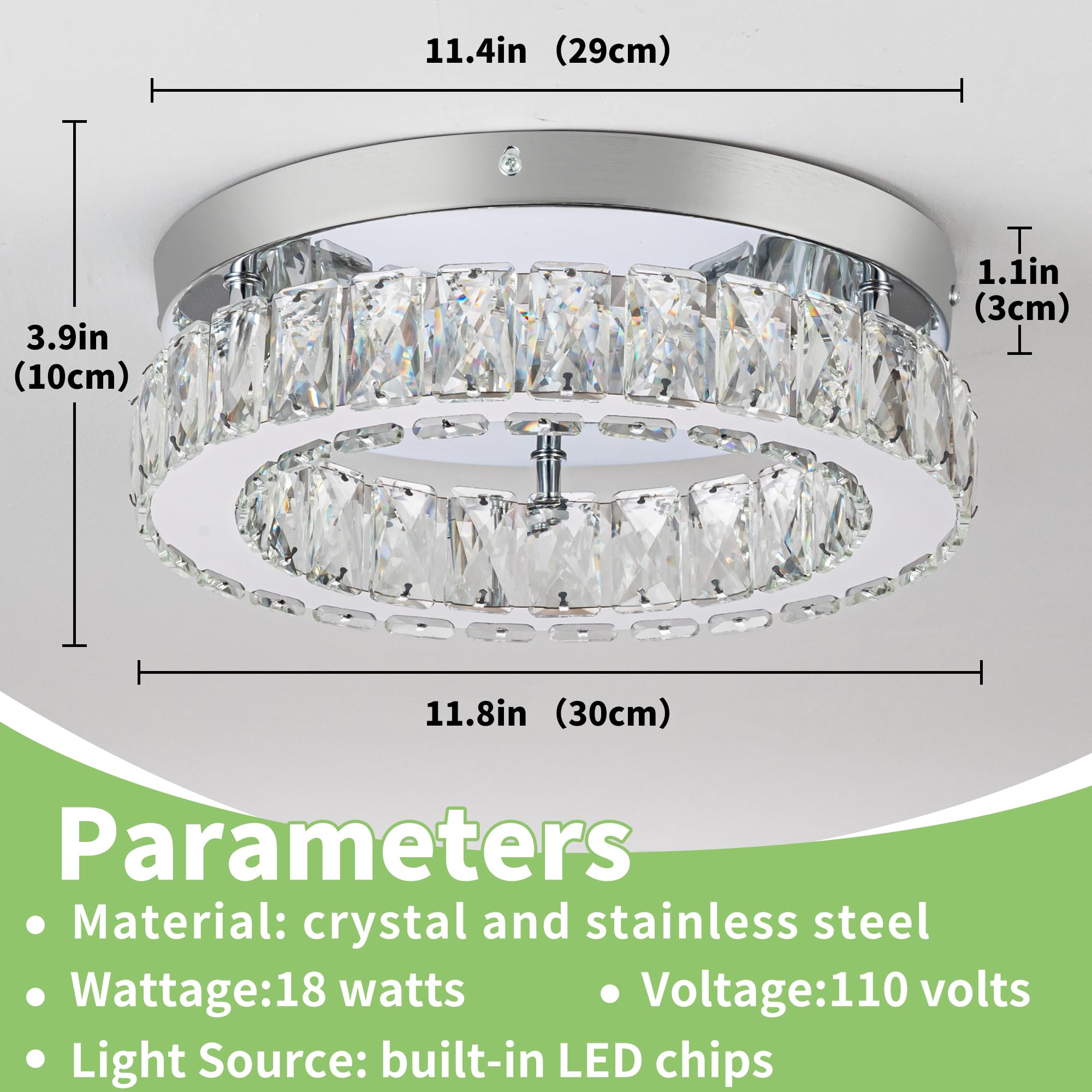 HOPGGIE 12 Inch Dimmable Crystal LED Flush Mount Chandelier Light for Kitchen, Hallway, Bedroom - Model HJ-016, Modern Design
