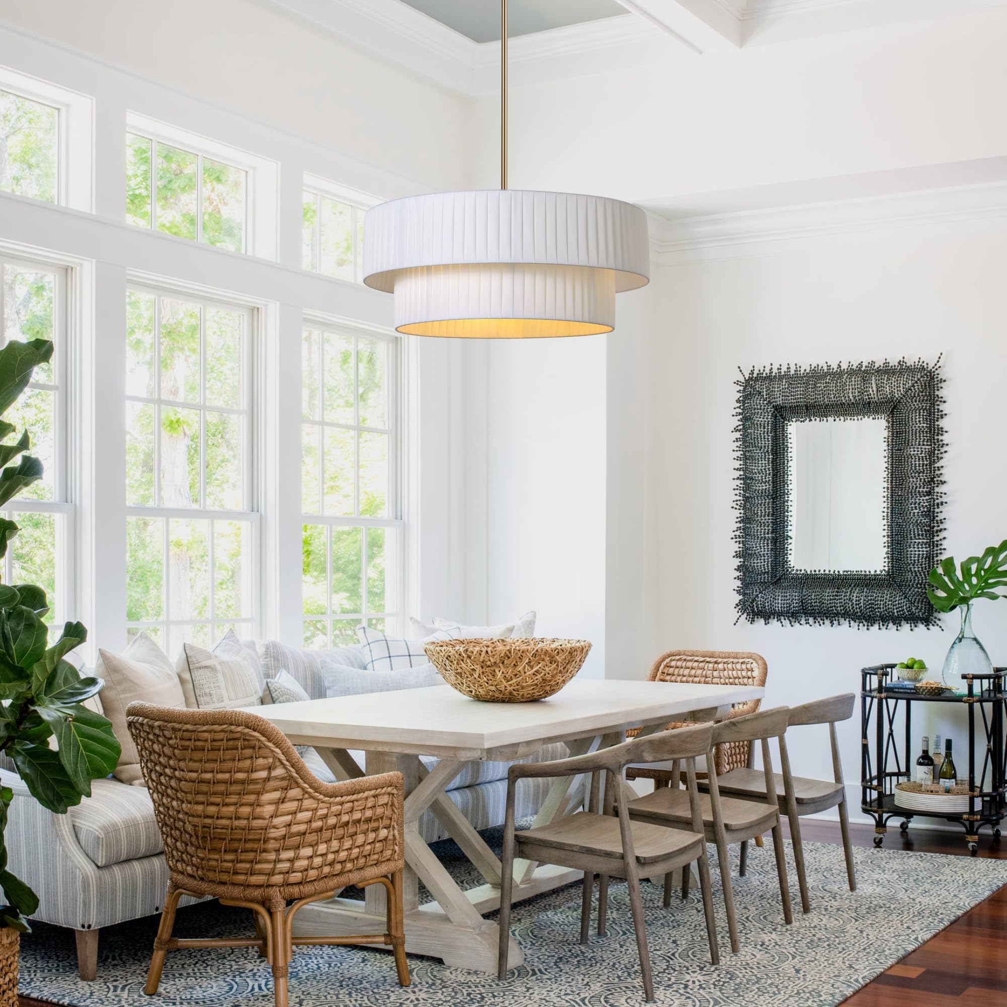 Lamqee Modern Large Drum Chandelier, 2-Tire 23.6Inch Ceiling Hanging Light Fixture 5-Light Black Semi Flush Mount Pendant Light