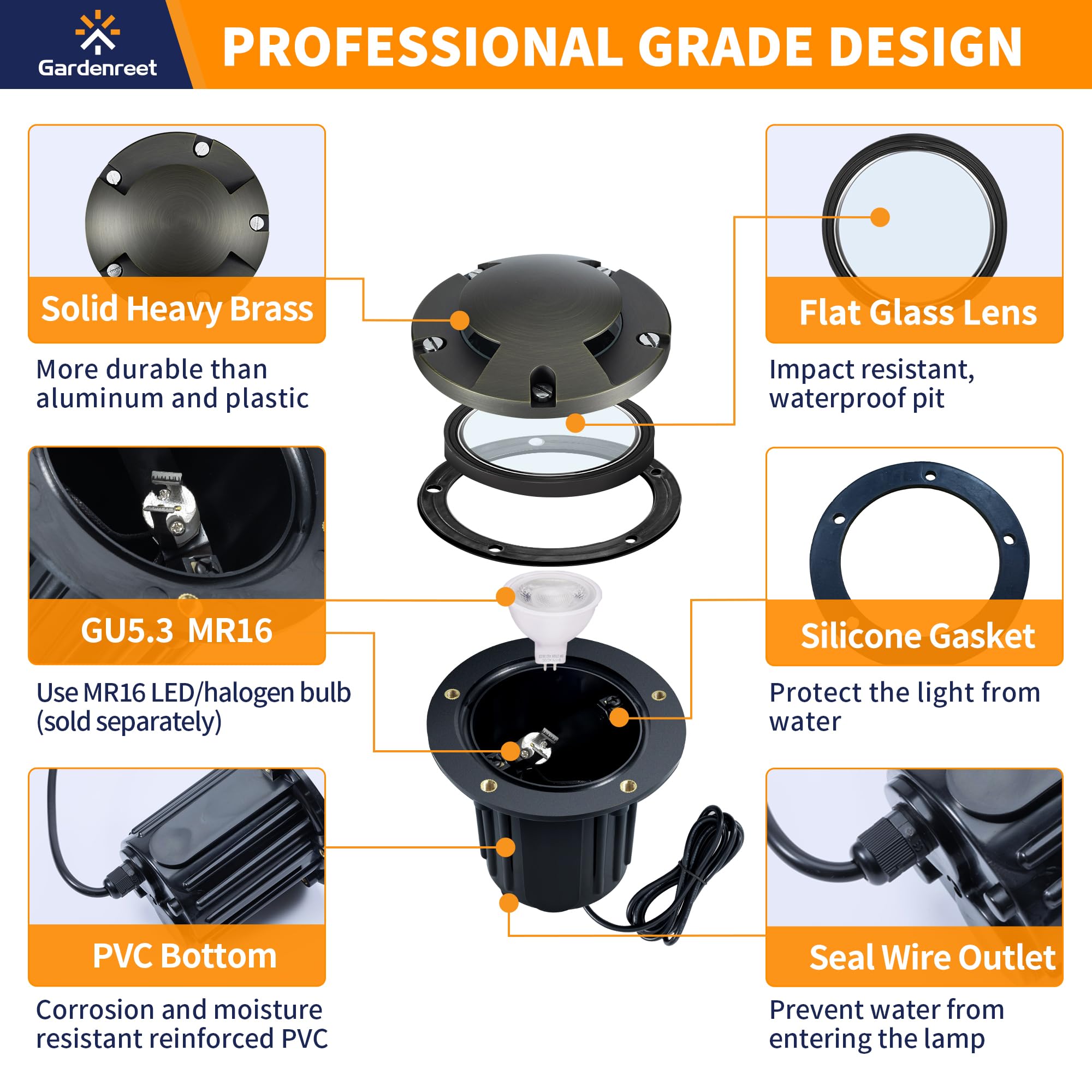 Gardenreet Landscape Well Lights Brass - Ip65 Hardwired Electric Low Voltage In Ground Lighting, Led 12V Waterproof Directional