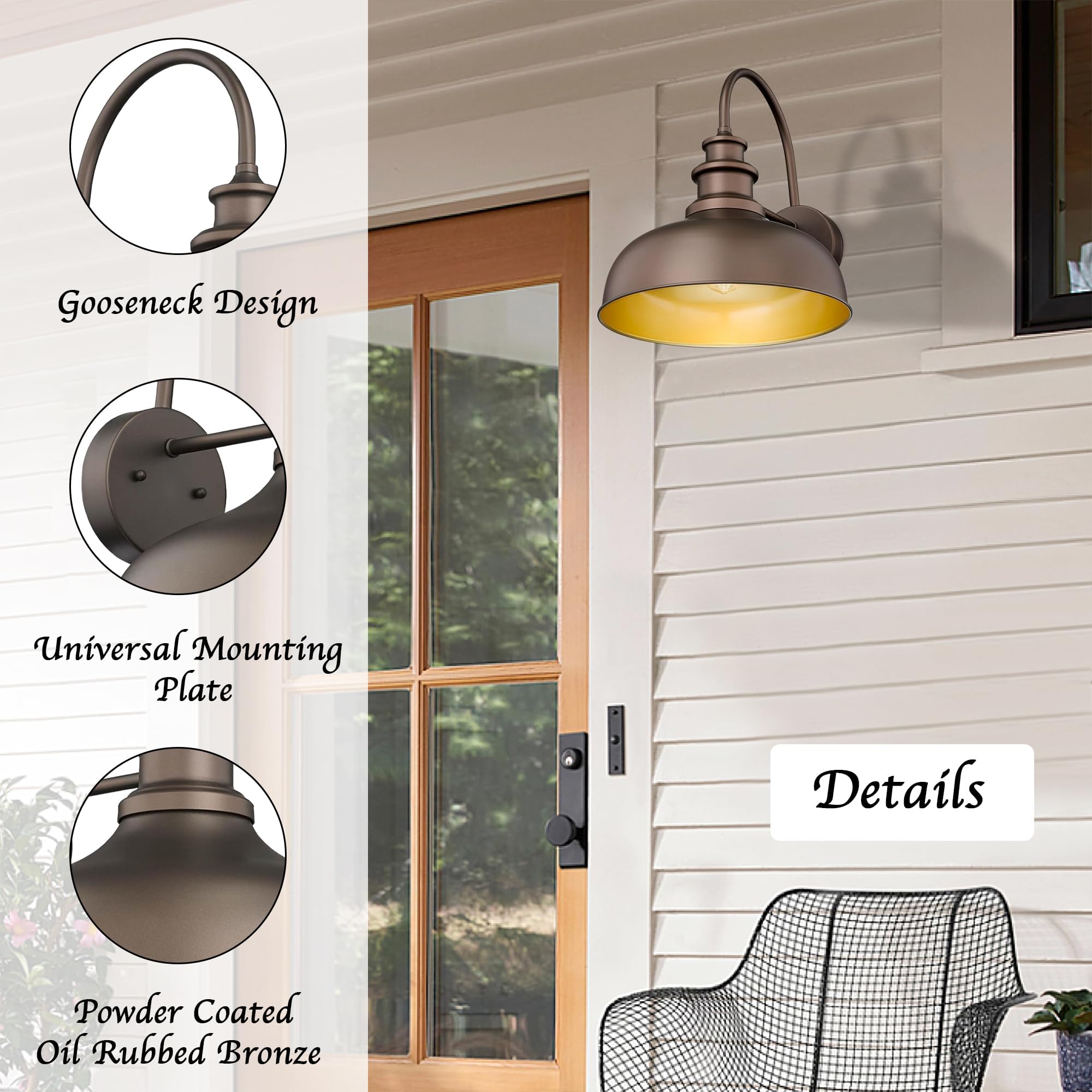 Bestshared Outdoor Gooseneck Barn Light Sconce, Vintage Metal Wall Lantern, ORB+Gold, 2-Pack, Model V260