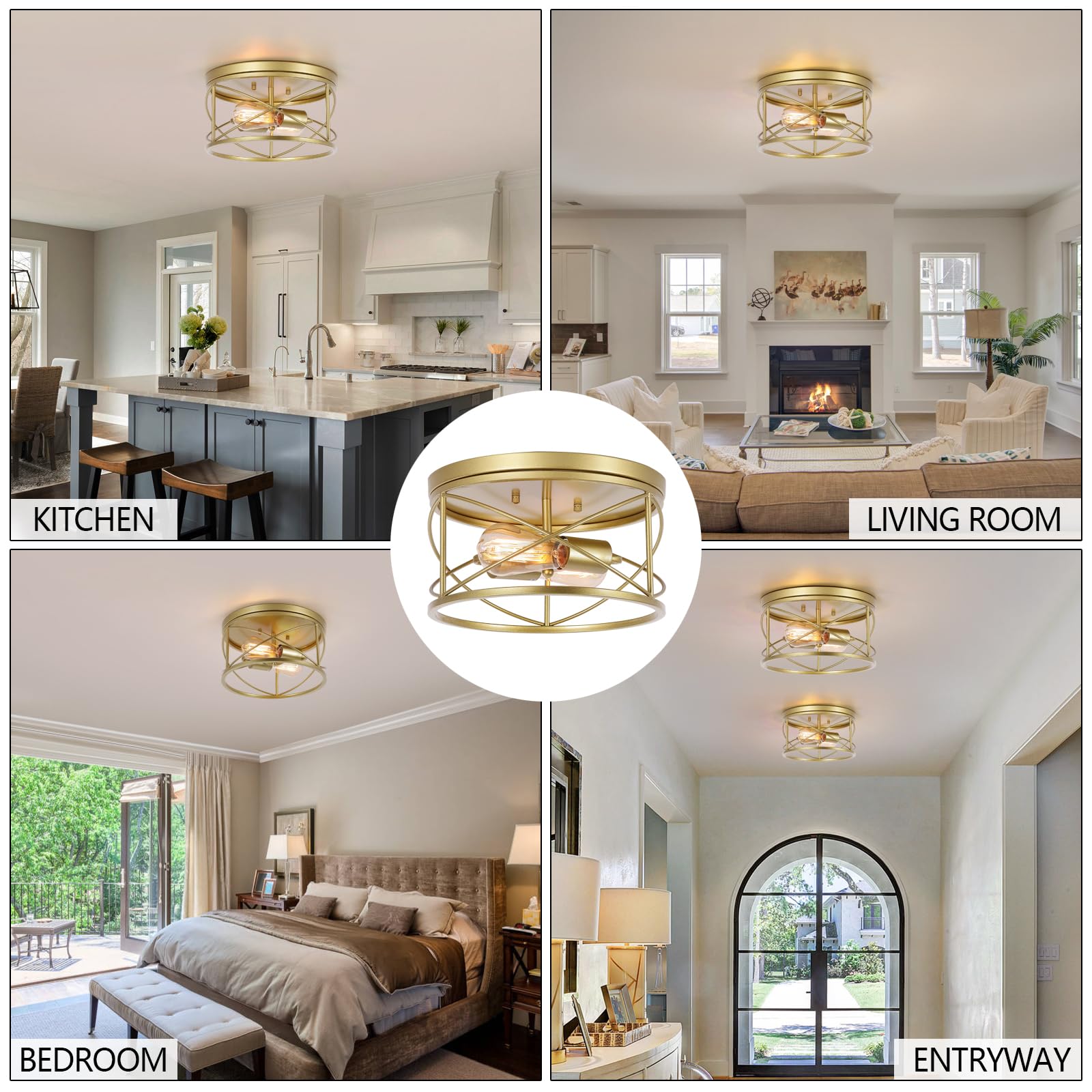 Weltrans Gold 2-Light Flush Mount Ceiling Light Fixture, Industrial Vintage Lamp For Home Decor
