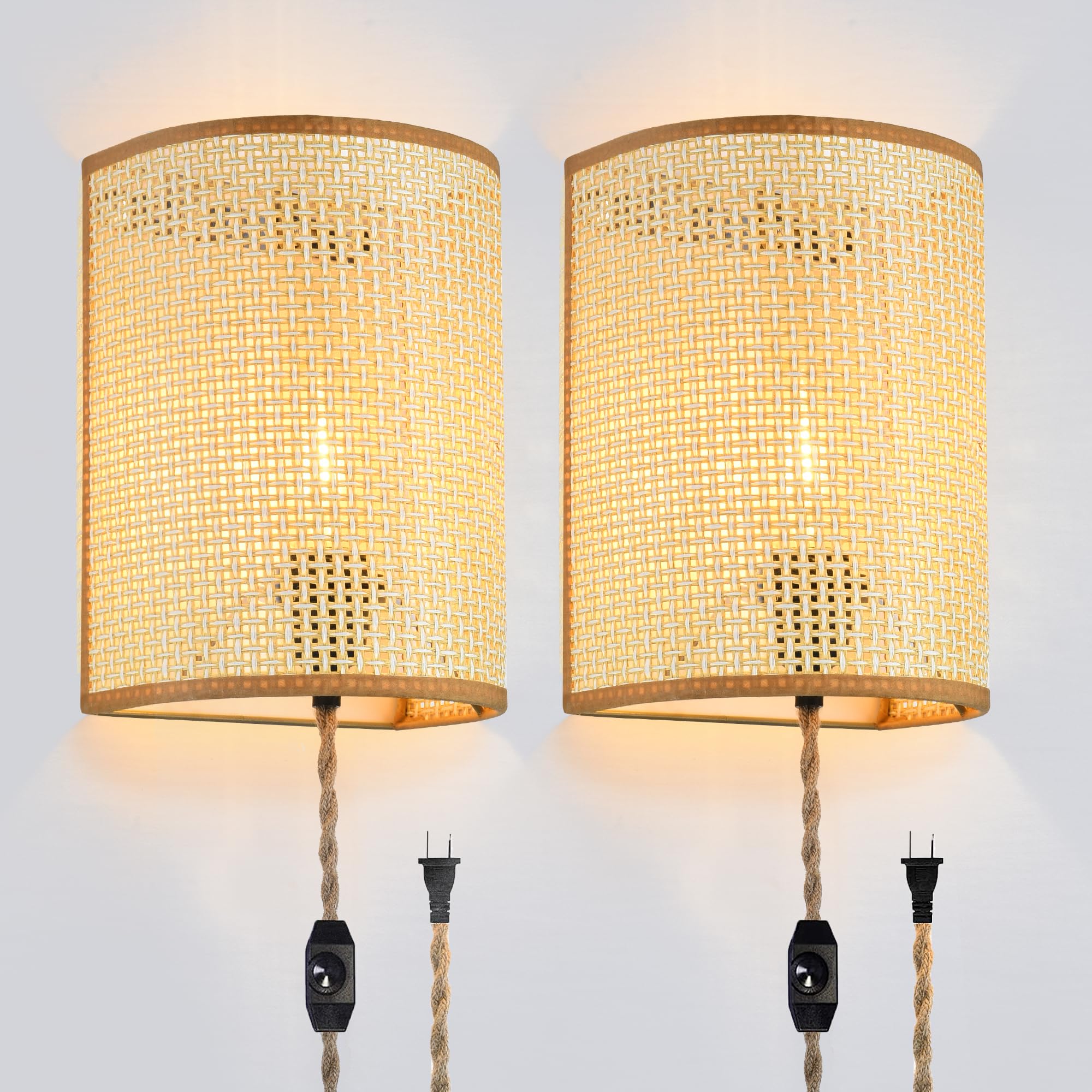 XININSUN Wall Sconces, Rattan Lampshade, Plug-in with Dimmable Switch, Beige, Set of Two, Rustic Boho Fixtures for Bedroom Living Room