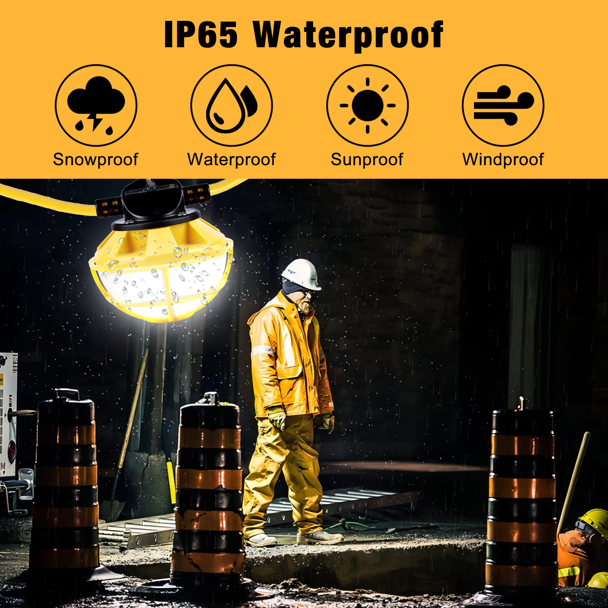 100Ft Construction String Lights With Protective Cage, Ip65 Waterproof Led String Work Lights, 5000K Daylight 18Awg Wire Linkable Temporary Construction Lights For Jobsite With 10 Bulbs & Hooks