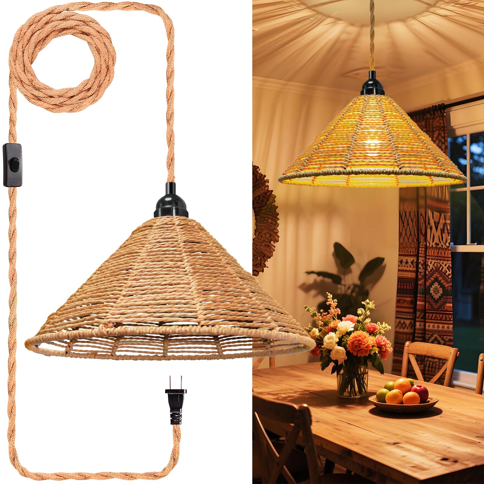 Maliralt Rattan Pendant Light - 16.4ft Plug-in Cord Fixture, Industrial Shade, 7.88 Inch, Jute Rope, On/Off Switch for Bedroom/Living Room