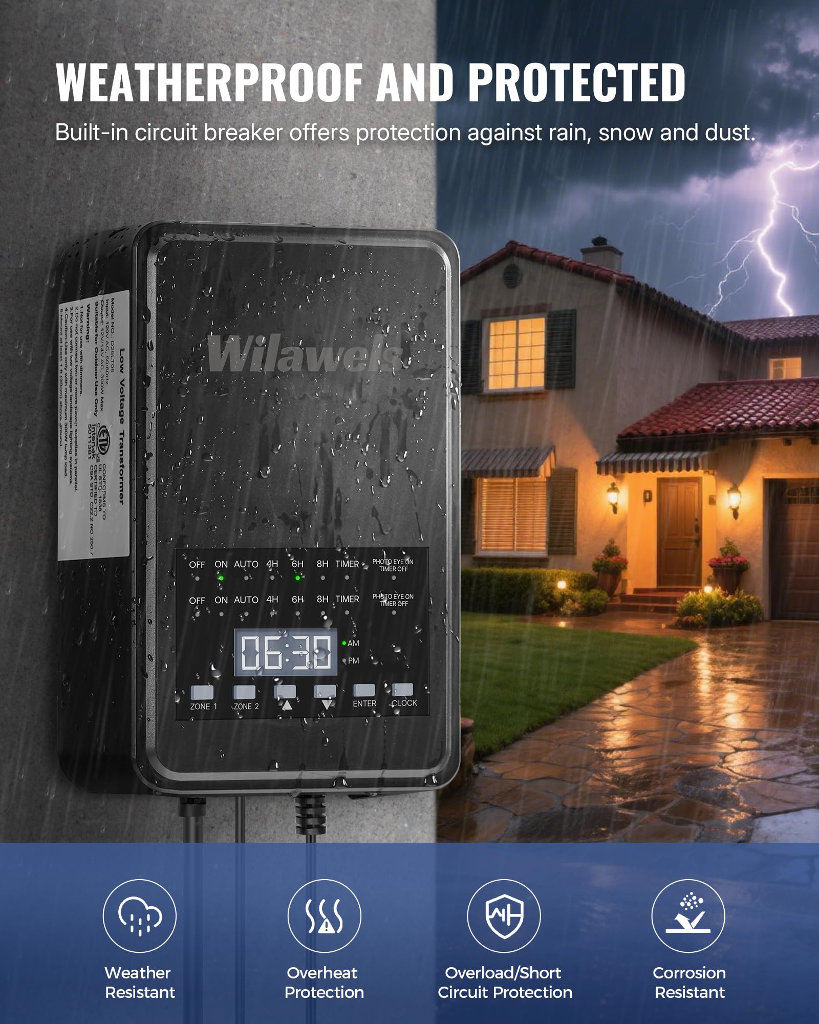 WILAWELS 300W Low Voltage Landscape Transformer, 2 Zone Control, 120VAC to 12/14V AC, Timer & Photocell Sensor, Black, Model D26LT