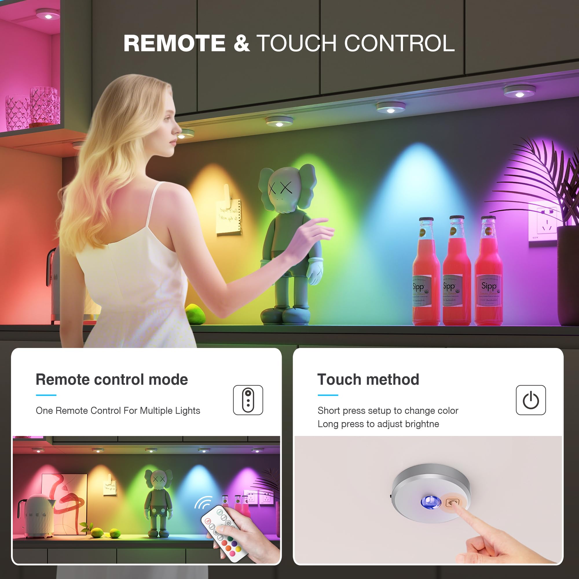 MICLIONLED RGB Puck Lights - Remote Control, 2000mAh Rechargeable, 9 Colors, Magnetic Stick-On, Silver, 3 Pack, Model M3-GB18