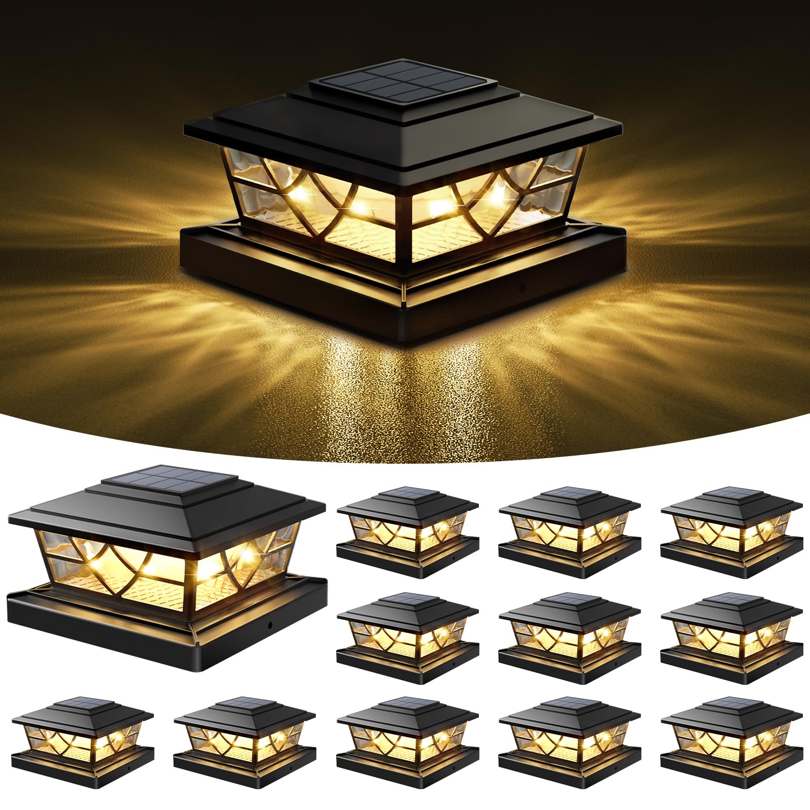 NIORSUN Solar Post Lights Outdoor 12 Pack, 2 Modes LED, Deck Fence Post Solar Lights for 3.5x3.5 4x4 5x5 5.5x5.5 Caps Patio Gard