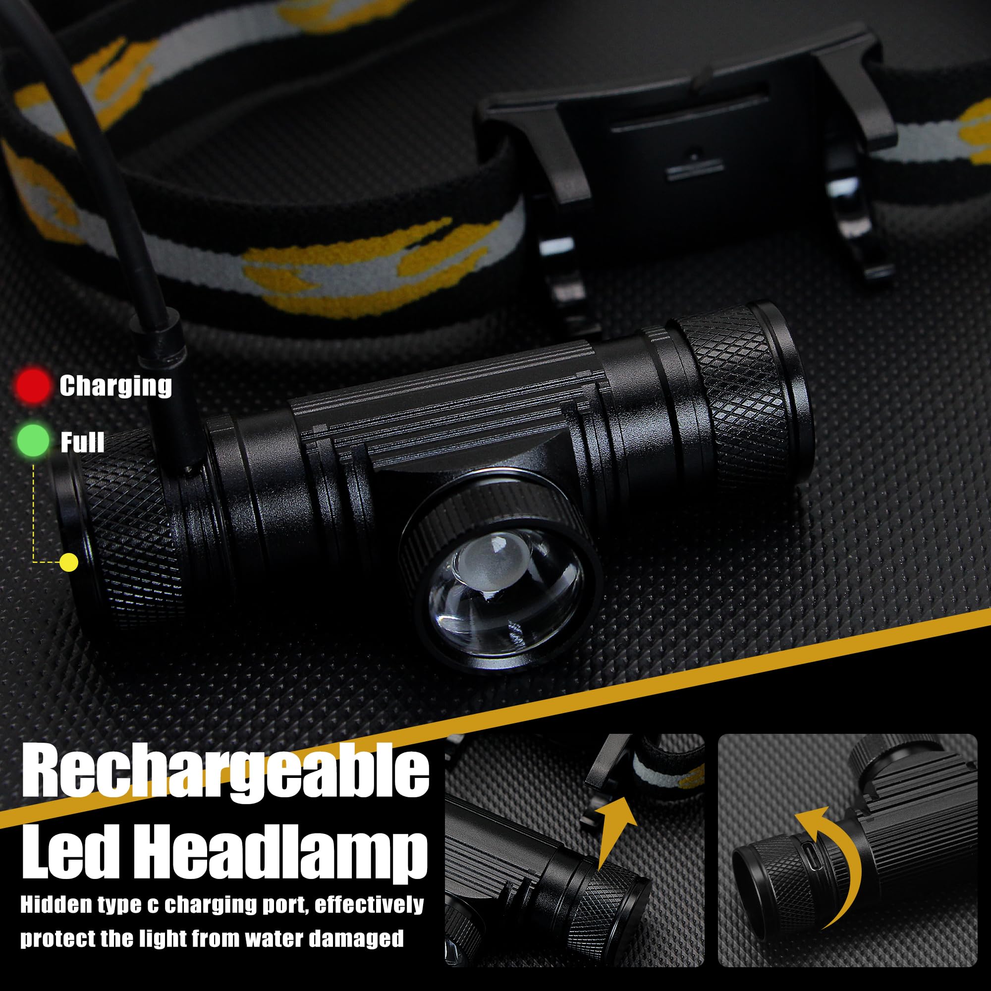 Headlamp Rechargeable, 1200 Lumen Zoomable Led Head Lamp For Adults, Ip66 Waterproof Rechargeable Headlight With 9 Modes, Super