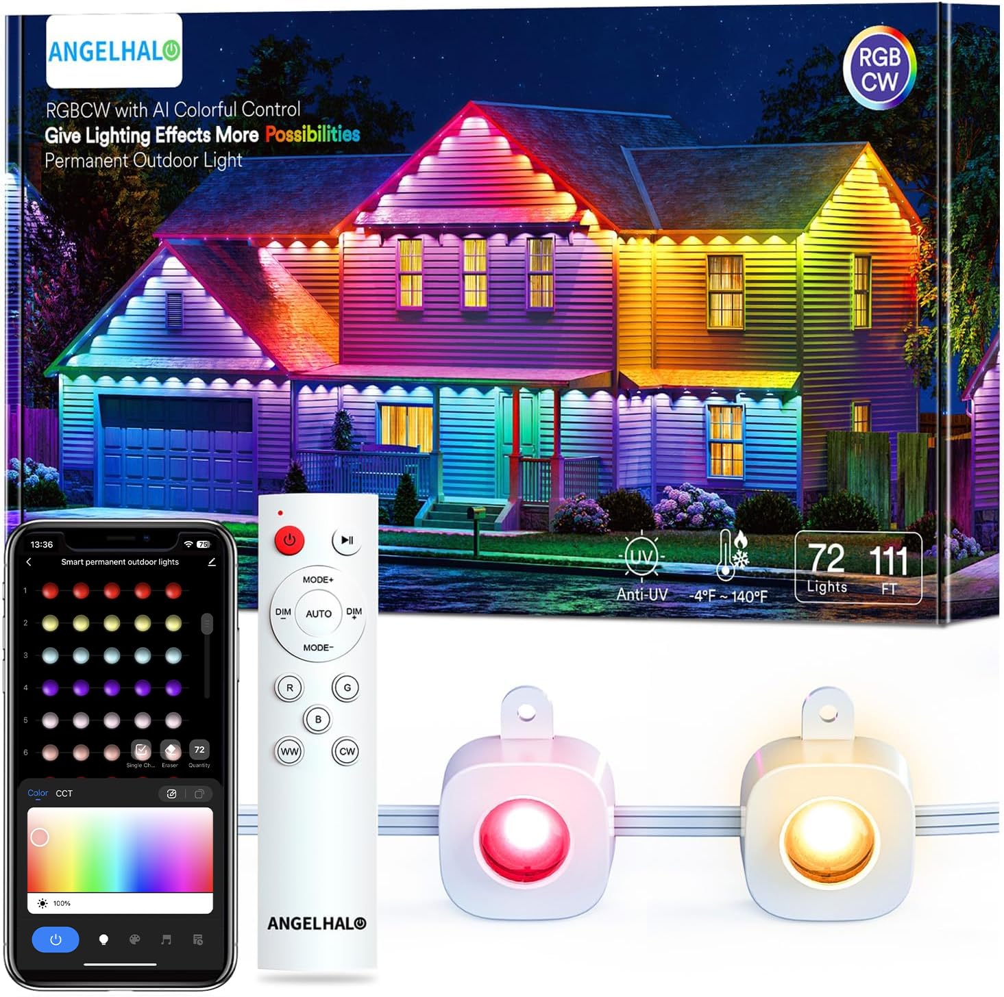 Angelhalo 100Ft Smart Outdoor Lights, 72 Led, Ip65 Waterproof, Compatible With Alexa & Google
