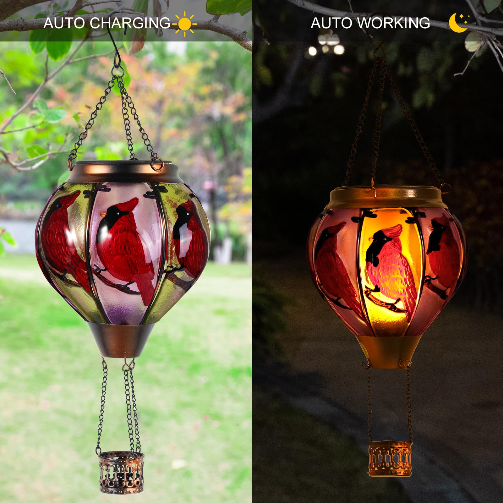 Cardinal Bird Hot Air Balloon Solar Lantern Lights, Solar Hot Air Balloon Flickering Flame Hanging Garden Light Candle Led Glass & Metal Outdoor Waterproof Lanterns Porch Yard Decor, Gift For Mom