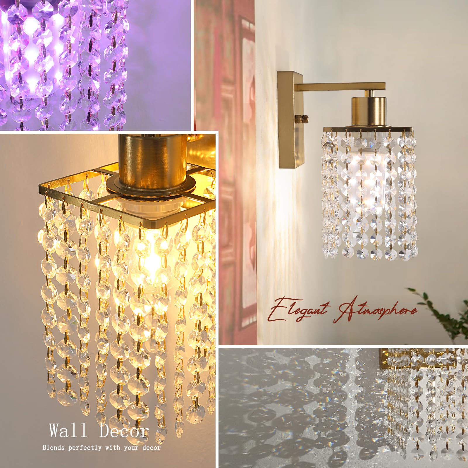 Shenmoyl Crystal Wall Sconce Set of 2, Rechargeable 5200mAh, Dimmable, Clear-Gold Base, Wireless Lighting for Bedroom & Bathroom