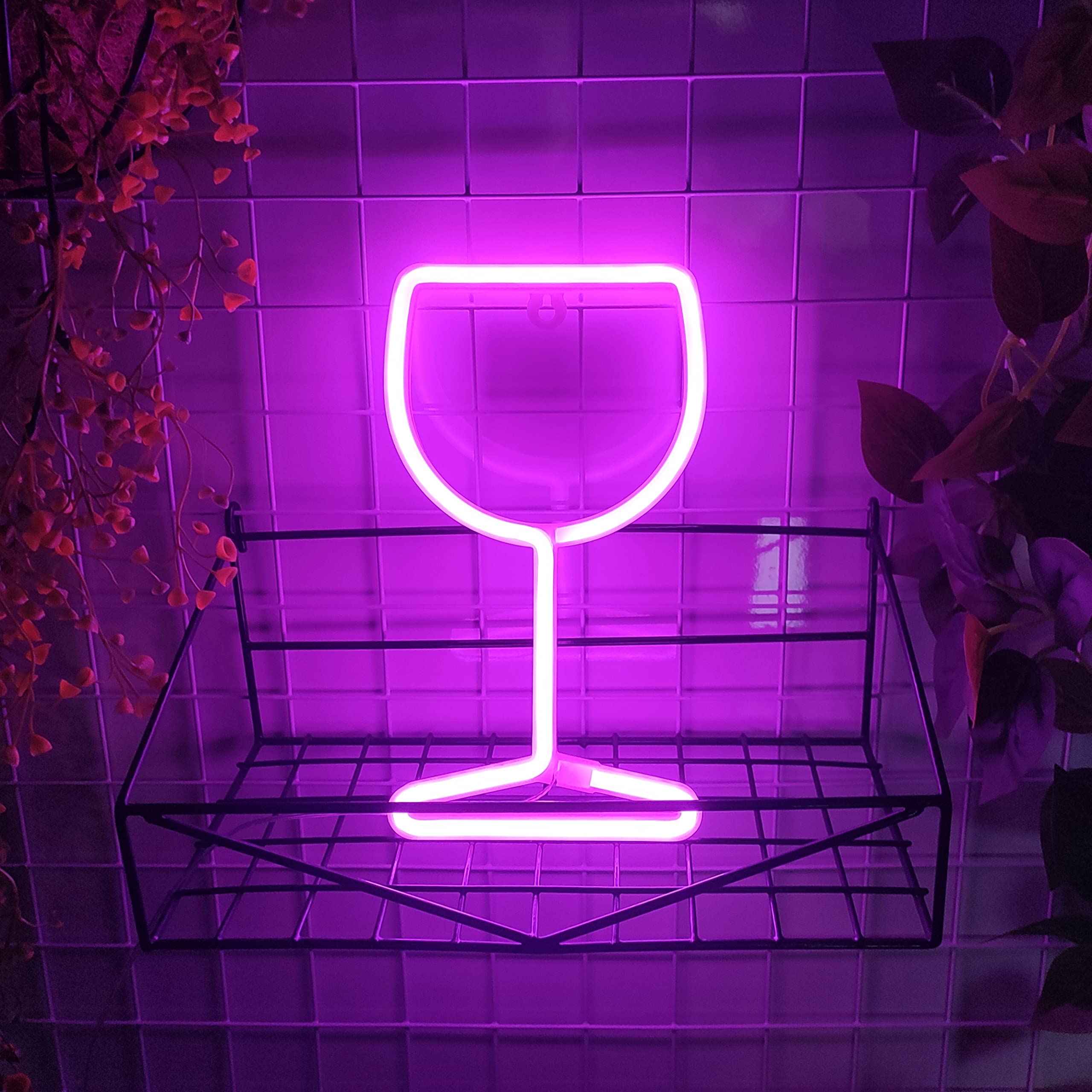 Jywj Wine Glass Neon Sign,Usb Or 3-Aa Battery Powered Neon Light,Led Table Decoration,Bedroom Wall Decoration,Birthday Gift,Wedding Supplies Business Gift(Pink)