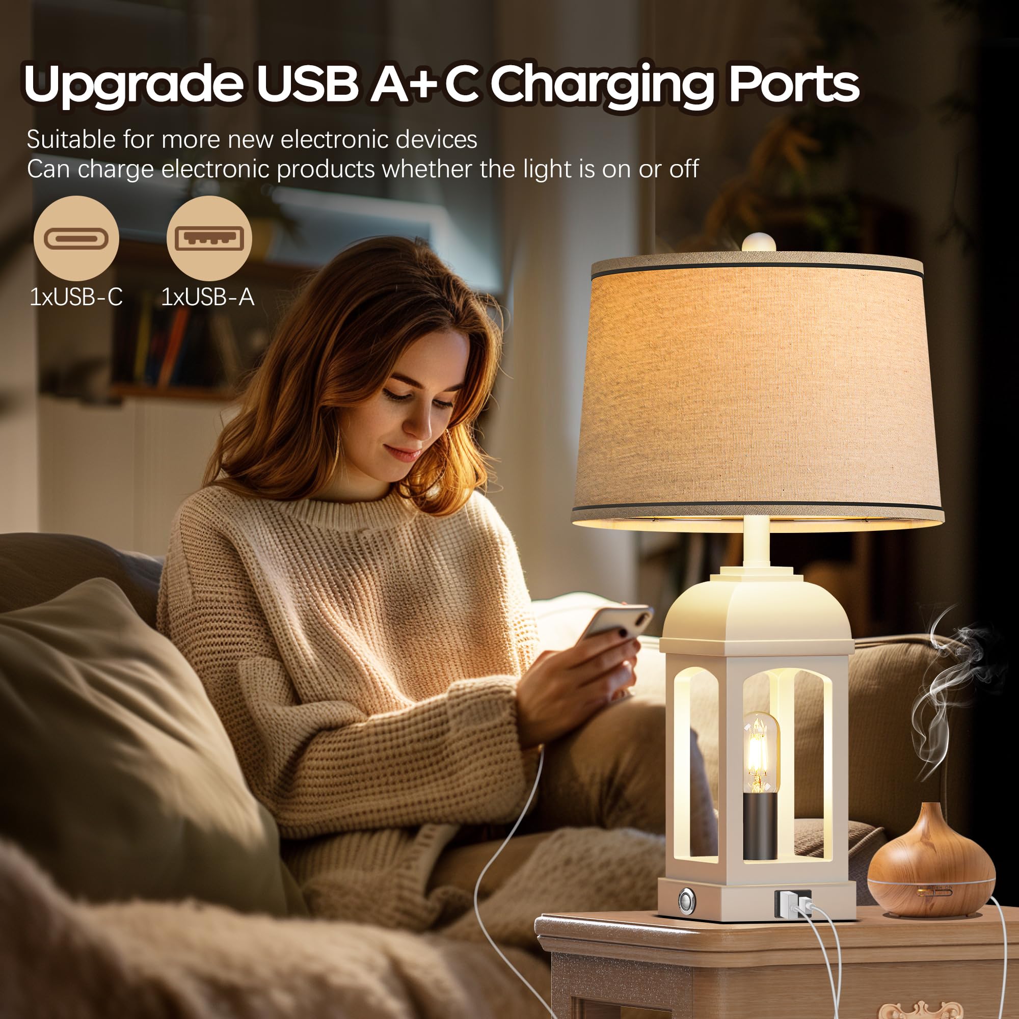 QiMH Table Lamp Set of 2, Rustic 26in White Nightstand Lamps with USB A+C, 3-Way Dimmable Touch Control